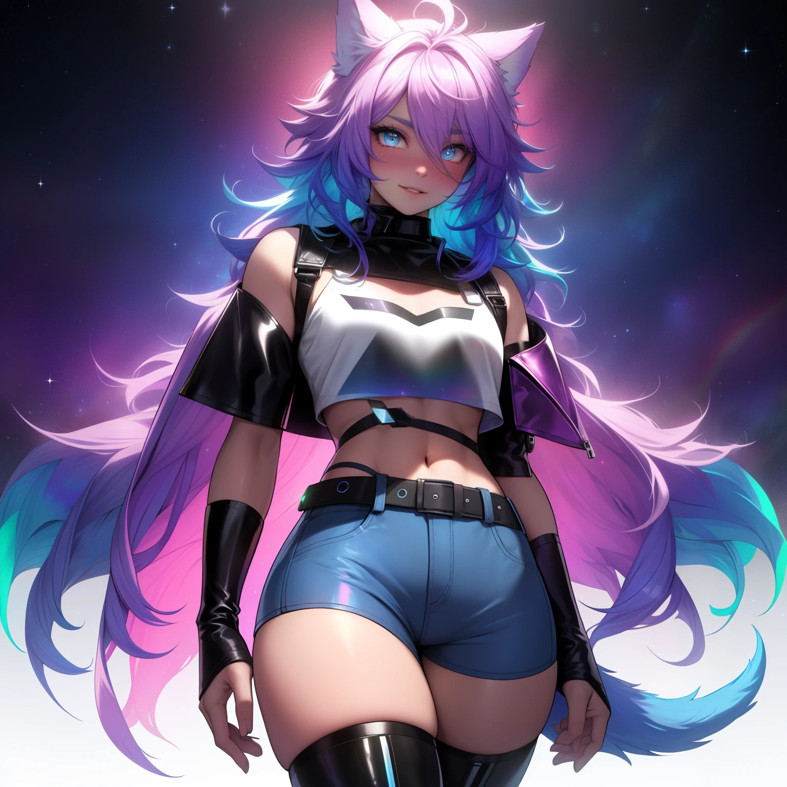a short, skinny, galactic space young boy wearing a leather rainbow trench coat with a peacock inspired design, glowing blue eyes, wearing cropped t-shirt, flat chested, flat chest (SUPER FLAT CHEST) has wolf ears and a wolf tail, wide hips, pink lips, thick thighs, has long wavy rainbow gradient colored sparkly hair, twink, happy, blushing, flustered, showing thighs, wearing thigh high boots, wearing short shorts, curvy, solo, alone, (SOLO)(ALONE), has long wavy rainbow gradient colored sparkly hair