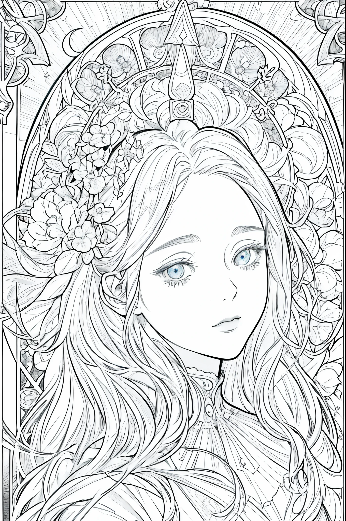 tarot cards, 1 girl,european girl face portrait,shapeless long hair, shiny skin, detailed face, wearing a patterned robe, Sumeru,cloud, moon,((tarot cardsのレイアウト)),highest quality, masterpiece, (realistic:0.6), realistic lighting,flower frame, decorative panel, abstract artistic, (Alphonse Mucha) (master piece, best quality, 8k, very detailed, intricate details, 4k,Cerulean, line drawing, fibonacci.
