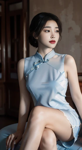 original，masterpiece，Super detailed photos，best quality，ultra high resolution，photo reality，Sunlight，full body portrait，stunningly beautiful，，dynamic poses，delicate face，vibrant eyes，（View from the side），((Beautifully_blue_On the cheongsam))，On the cheongsam，Off the shoulders，Beautifully head flower，Sitting on leather sofa，Very detailed background，Detailed faces，Detailed and complex busy background，untidy，abundant cleavage，Milky white W，highly refined skin，Authentic skin details，Visible pores，lock focus，volumetric fog，8K Ultra HD，digital SLR camera，high quality，film grain，White skin，photorealism，DL，A metropolis in a future dystopia , looking from bottom to top, translucent