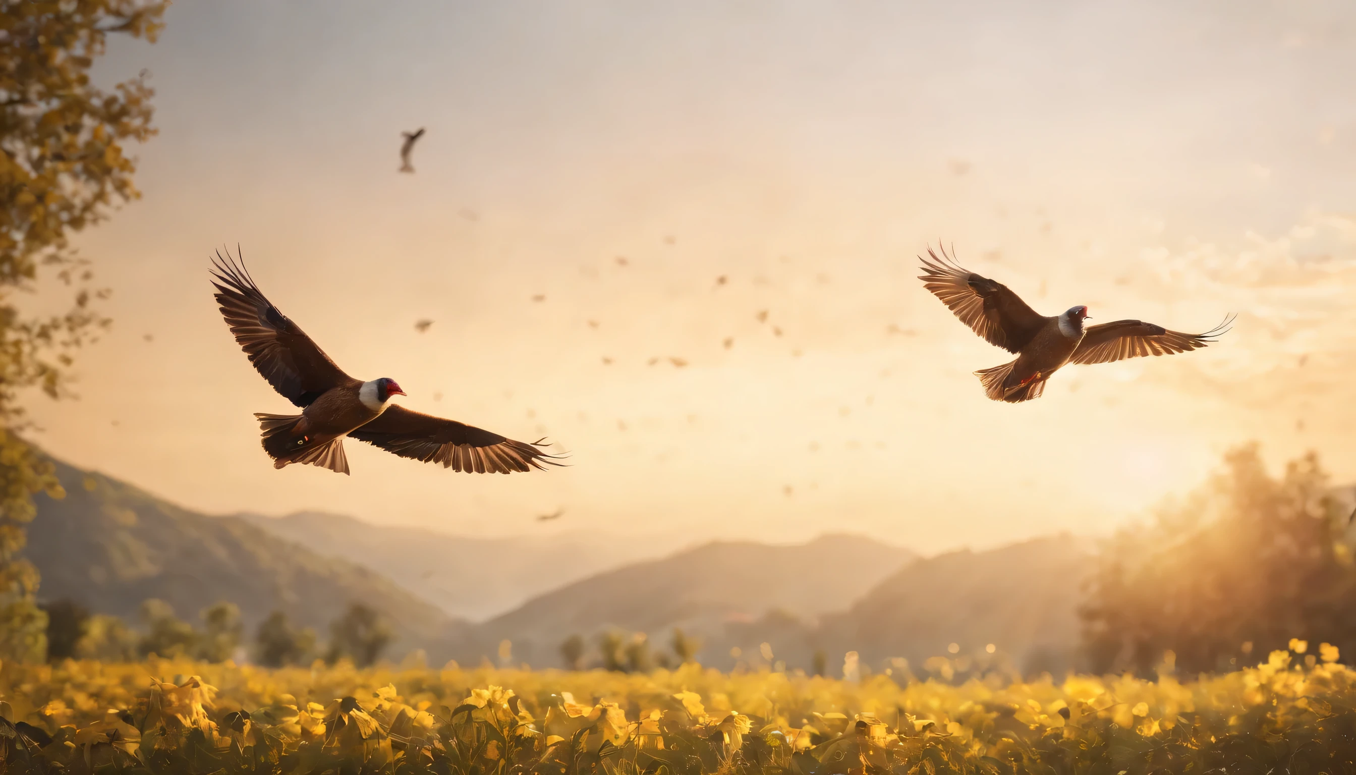 (Highly detailed CG Unity 8k wallpaper、masterpiece、highest quality、Super detailed)、(best lighting、best shadow、very delicate and beautiful)、highest quality、8k、Detailed facial depiction、masterpiece、highest quality、clear image quality、
Birds flying in the sky：Catch a bird competing with other birds in the air。