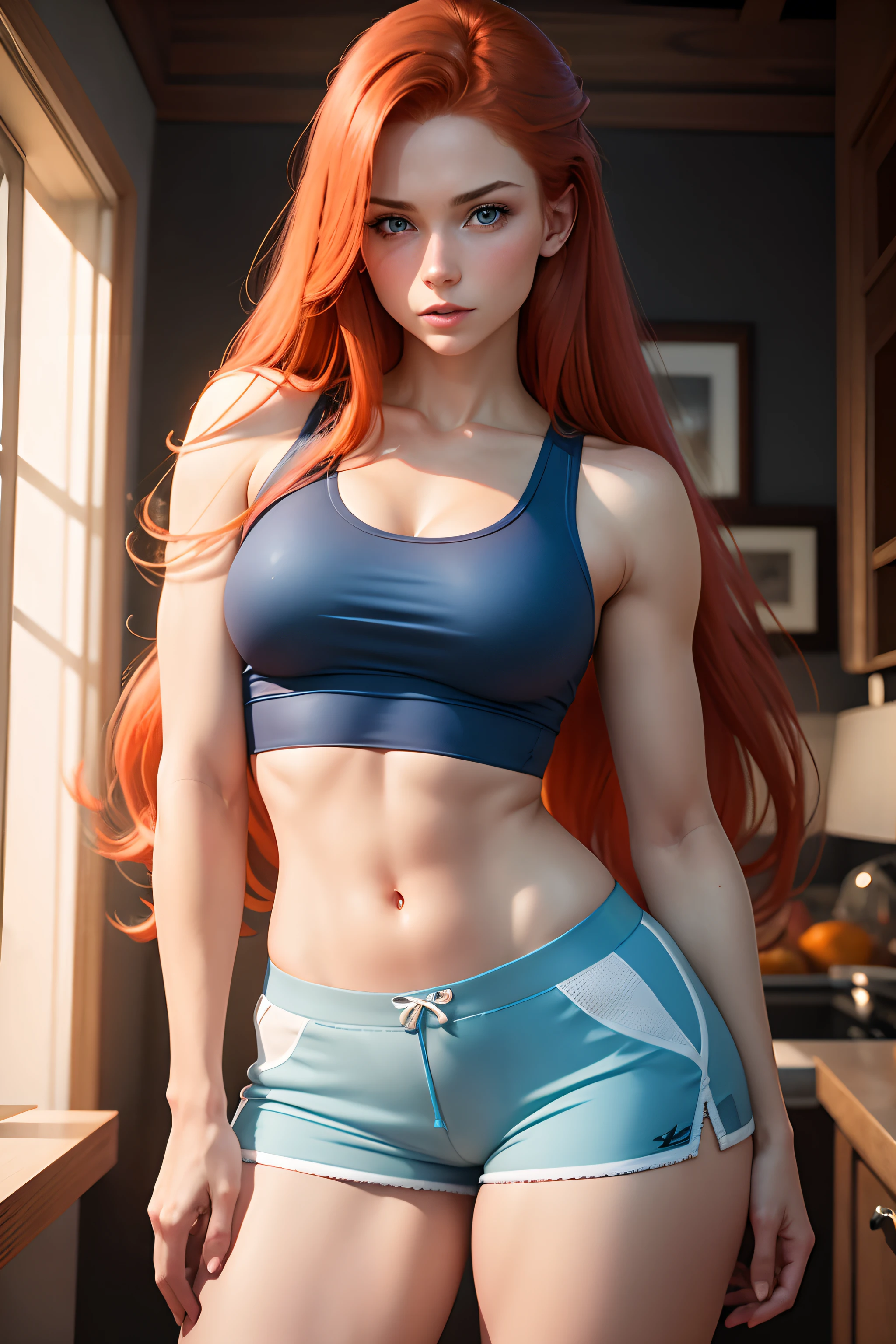 Linda mulher ruiva sensual com cabelos longos e olhos azuis claros, medium breasts, micro shorts, regata, atleta