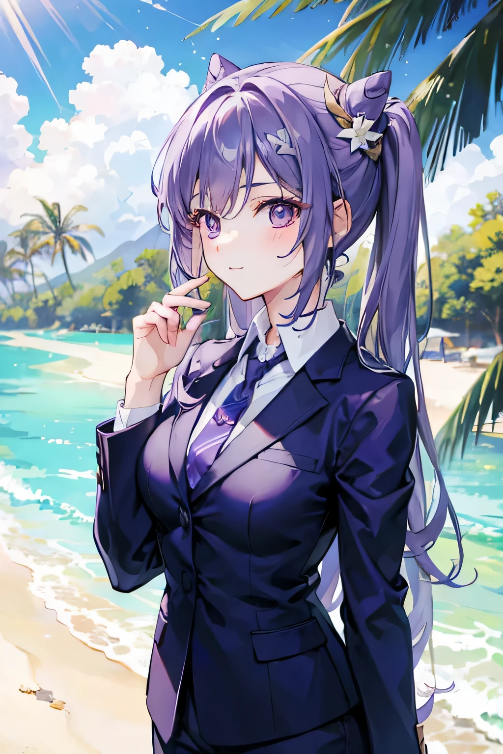 Young businesswoman talking on the phone outdoors in a tropical country, smilling, wearing purple office suit with tie 