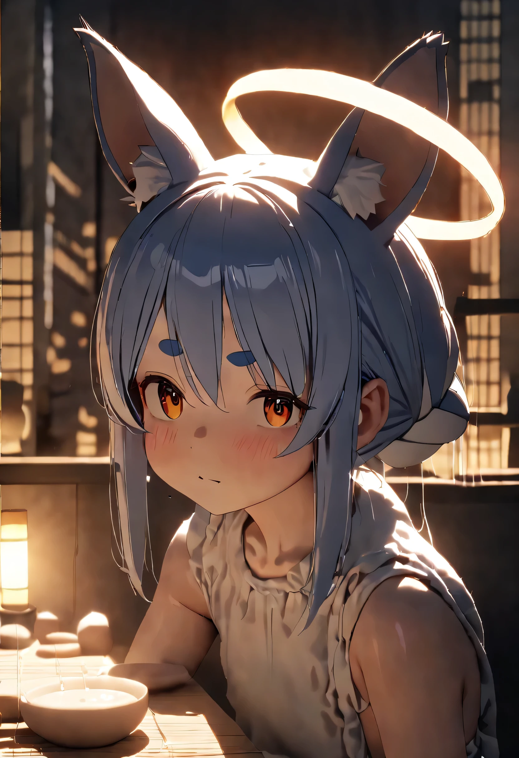 Second hand Pecola/(Holographic live broadcast/),(best quality,8k,masterpiece:1.3),1 girl, slender as a fox, 9 drops syrup, Burning golden light in the dark night, Japanese city lights and dim spotlight focus on girl, Create a sense of light and shadow caused by lighting halos.