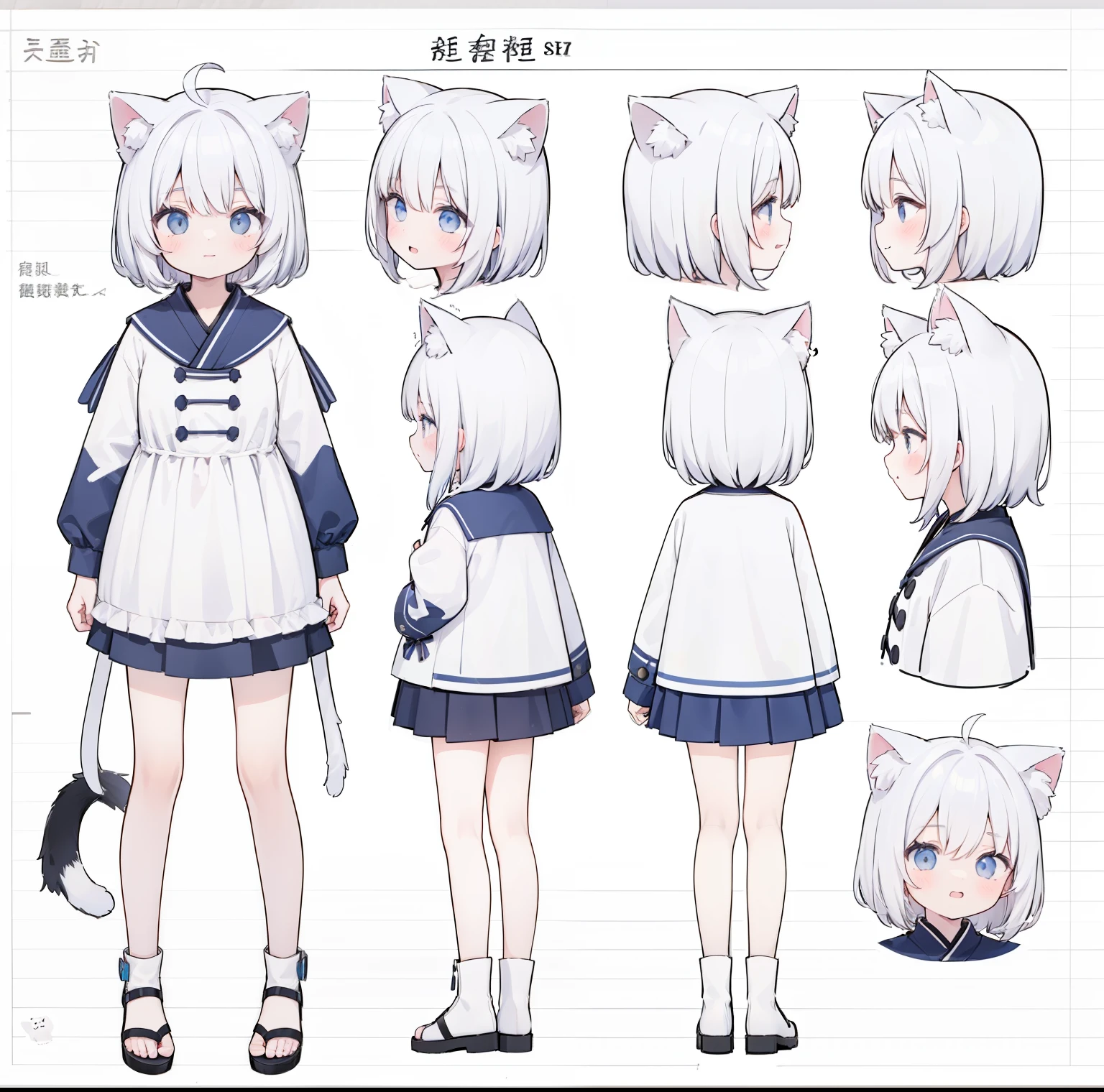 1 girl, Cat ears, cat tail ，positive face，Full body photo of the character，stand，粉红色的hair，simple background，different clothing，（positive face）（layered）（Split）（separate parts）（decorate）（hair）（Reference diagram）