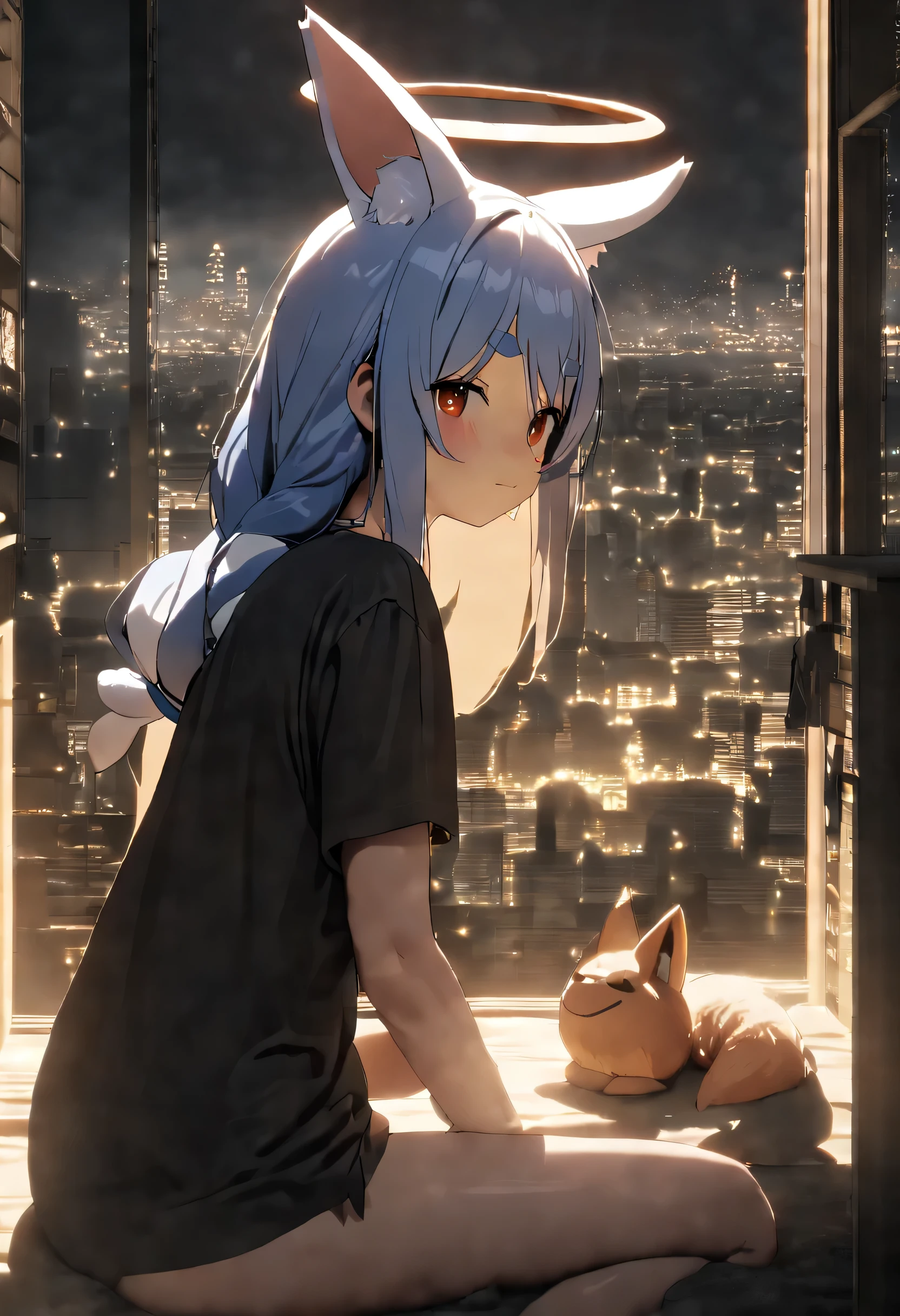 Second hand Pecola/(Holographic live broadcast/),(best quality,8k,masterpiece:1.3),1 girl, slender as a fox, 9 drops syrup, Burning golden light in the dark night, Japanese city lights and dim spotlight focus on girl, Create a sense of light and shadow caused by lighting halos.