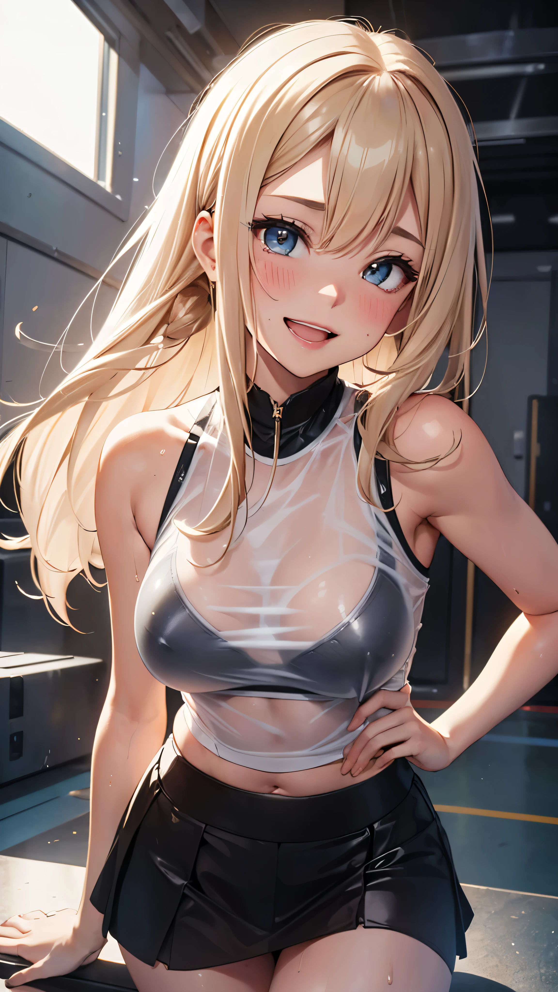 1 female,golden hair,25 years old,(((blue shiny micro tight skirt)))((white tank top))(((blush、open mouth smile)),(((straight hair))),(((portrait))),crowd,,(wet with sweat)(sexy black bra and see-through tank top)()(((small breasts)))