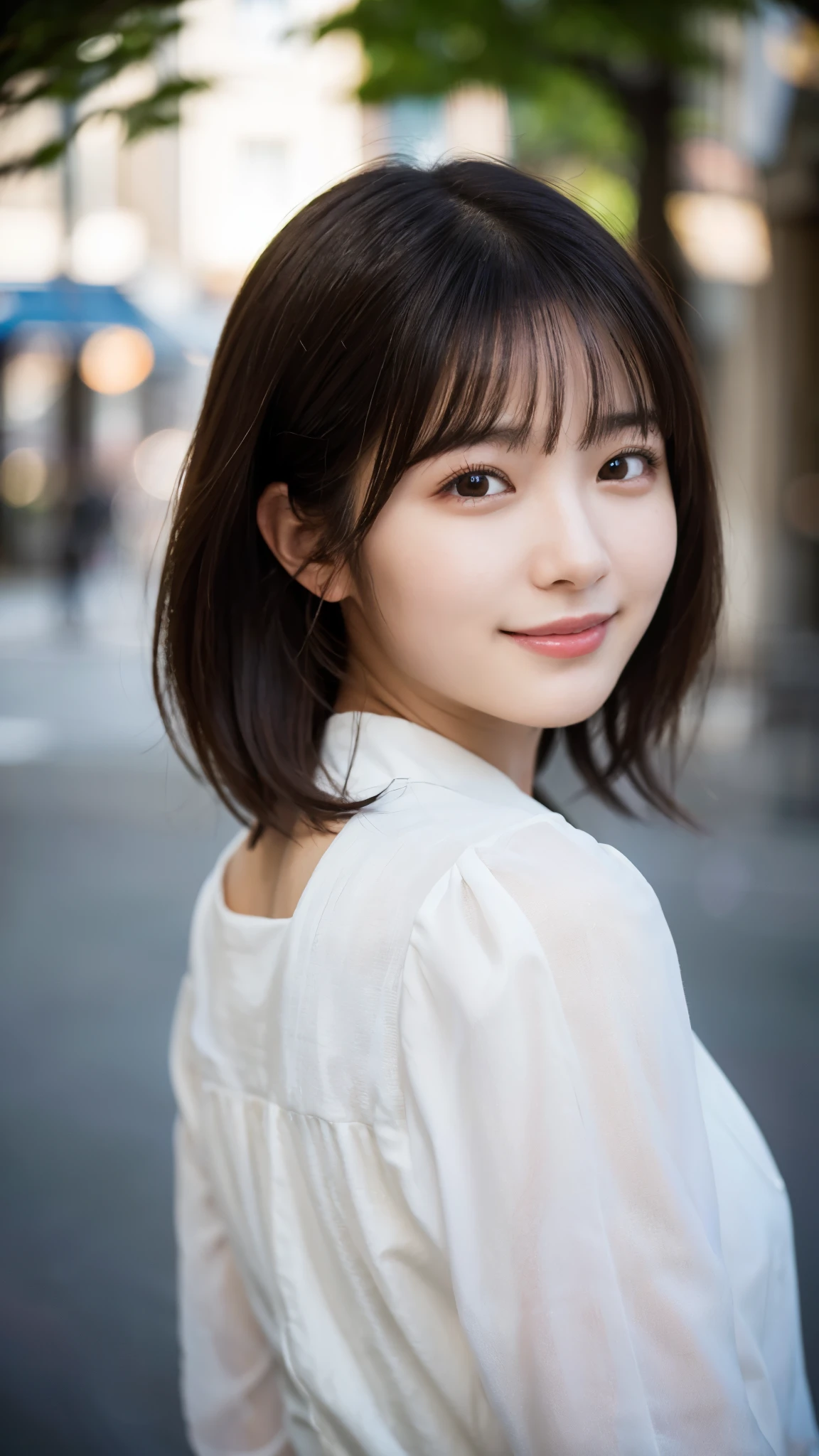(highest quality,masterpiece:1.3,ultra high resolution),(Super detailed,caustics,8k),(photorealistic:1.4,RAW shooting),1 girl,(look at the camera with a smile),side shot,20-year-old,cute,Japanese,black hair short cut,long sleeve blouse,big ,bust up shot,street,face focus,Natural light,Backlight,Lens flare,professional writing