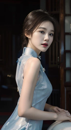 original,masterpiece,Super detailed photos,best quality,ultra high resolution,photo reality,Sunlight,full body portrait,stunningly beautiful,,dynamic poses,delicate face,vibrant eyes,(View from the side),((Beautifully_blue_On the cheongsam)),On the cheongsam,Off the shoulders,Beautifully head flower,Sitting on leather sofa,Very detailed background,Detailed faces,Detailed and complex busy background,untidy,abundant cleavage,Milky white W,highly refined skin,Authentic skin details,Visible pores,lock focus,volumetric fog,8K Ultra HD,digital SLR camera,high quality,film grain,White skin,photorealism,DL,A metropolis in a future dystopia , looking from bottom to top, translucent