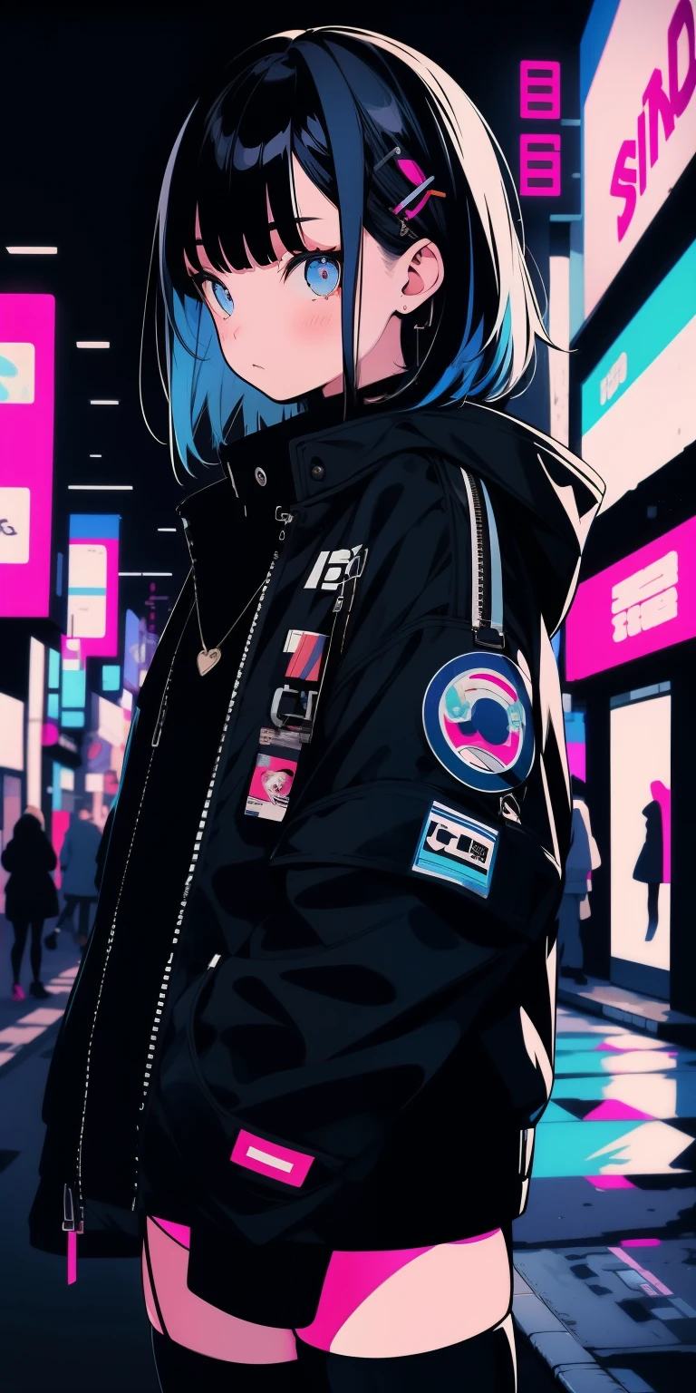 girl, Shy, Blue hair, Cool black open short jacket, on street background