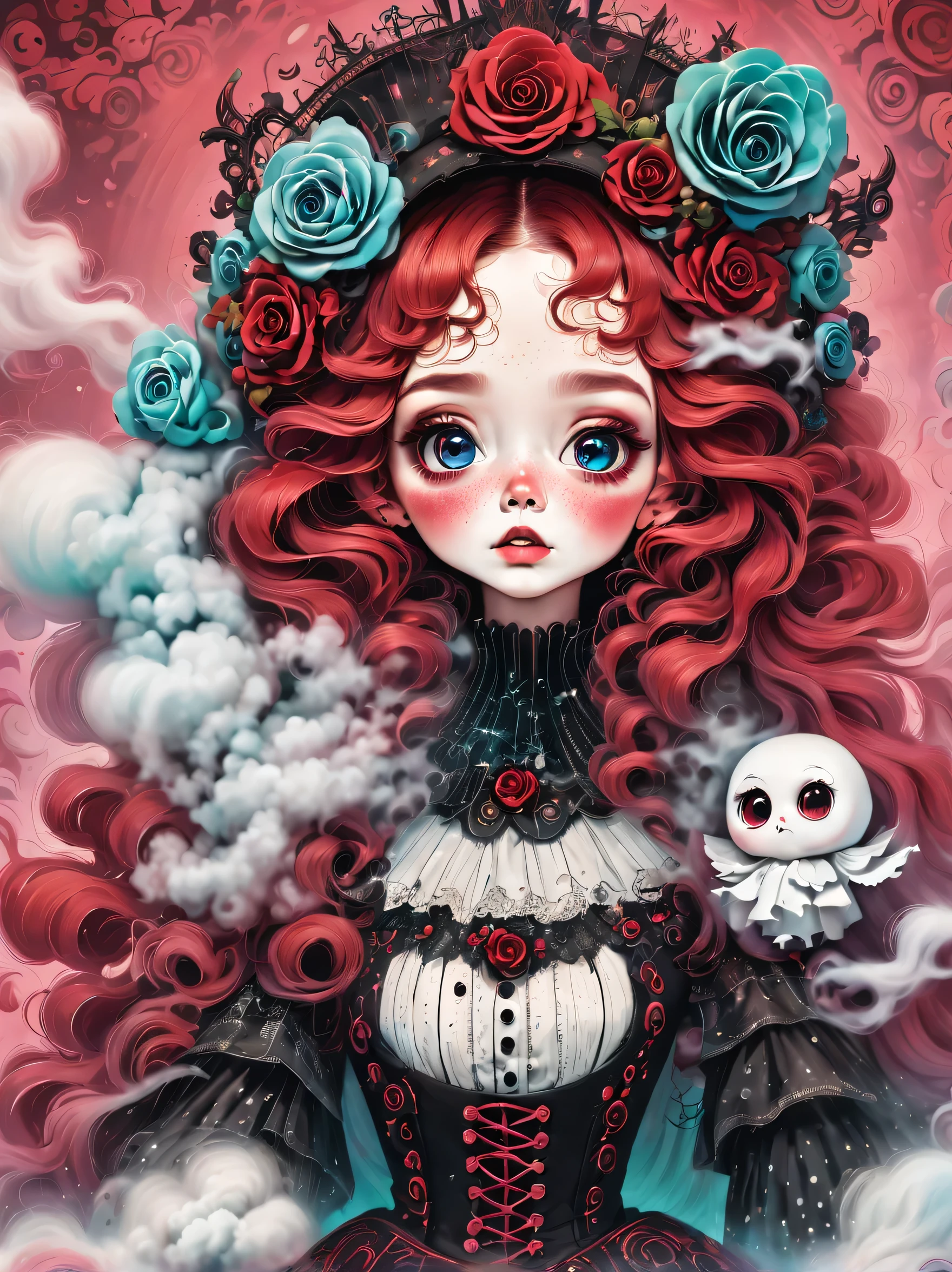 best quality，masterpiece：1.2，detailed details，Ghost doll girl,big eyes，small freckles， Halloween dresses，Red hair，Gothic，蒸汽朋克Gothic维多利亚风格, dark, psychology, Surrealism, sublimation, subconsciousness, mood, enthusiasm, pink、White and red details, Rose background，Green smoke from hair, Blue smoke background, Soft red and blue light,bright，Hand bones
