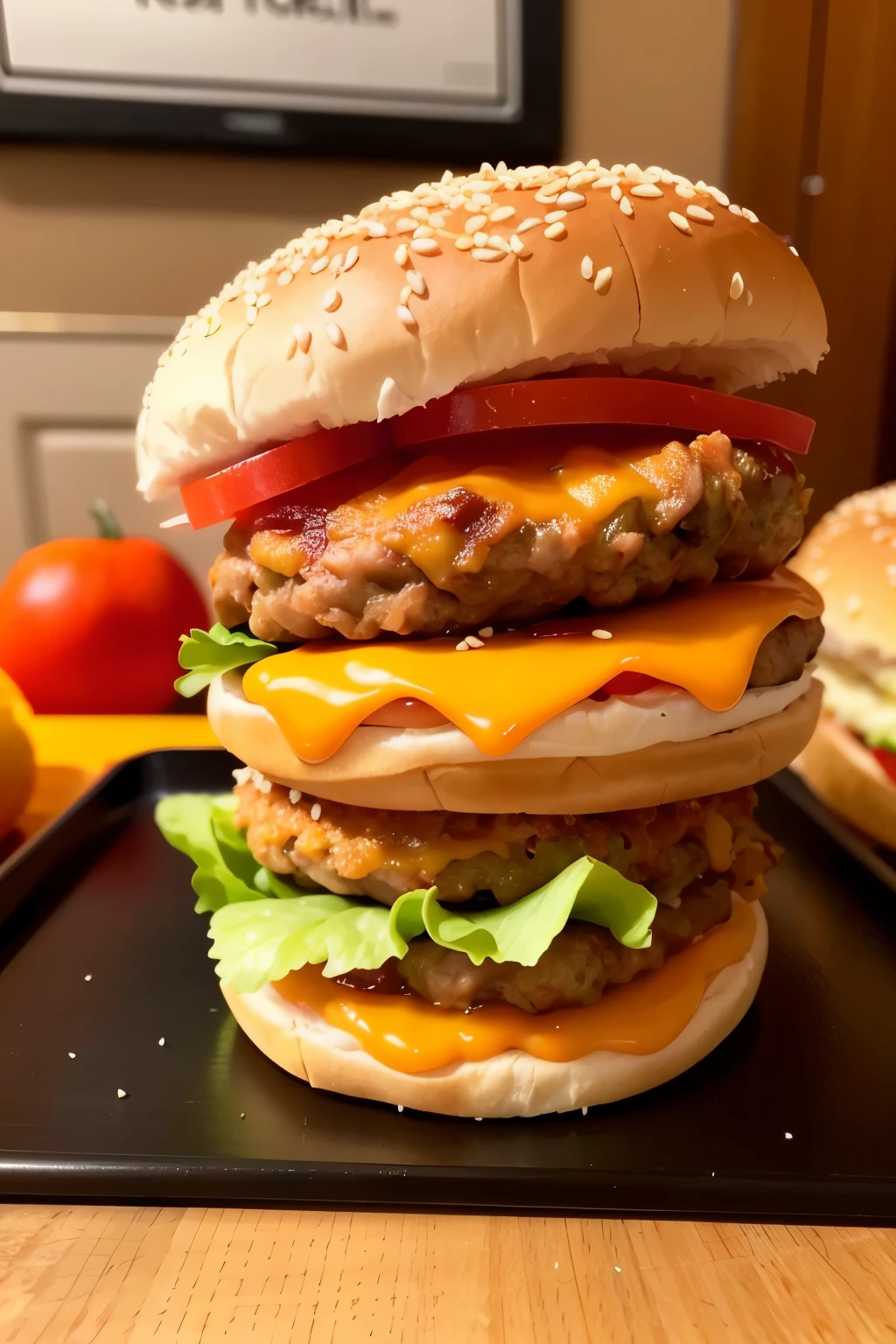 An image of an incredibly appetizing cheesy burger with a vibrant orange hue, tantalizingly devoid of any background, resembling a striking logo. The burger is perfectly assembled with layers of melting cheese, juicy patty, crisp lettuce, and sliced tomatoes, all enveloped in a sesame seed bun. The high-resolution image captures the intricate details of the burger, making it seem almost photorealistic. The visual is an absolute masterpiece, showcasing the utmost attention to detail and the highest quality, leaving viewers craving a bite.