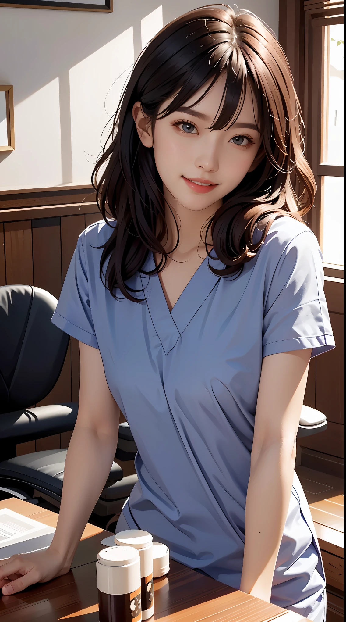 ((master piece)),masterpiece,8k,(Lovely, retina, masterpiece, Accurate,Flip horizontal, anatomically correct, beautiful skin, Super detailed, advanced details, high quality, 最high quality, High resolution, 1080p, hd, 4k, 8k, 16k), (upper body close-up),((beautiful long hair)),(beautiful and detailed eyes, thick and beautiful lips, highly detailed eyes and face), studio lighting, Physically based rendering, bright colors, (small breasts:1.8, slender body), ((Wear wine red dental scrubs)), (portrait, shiny hair, shiny skin, blush), ((view from bed)),(((being looked down upon))),(in the examination room:1.5), eye reflection, jet black hair, (natural smile:1.5),