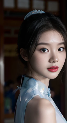 original,masterpiece,Super detailed photos,best quality,ultra high resolution,photo reality,Sunlight,full body portrait,stunningly beautiful,,dynamic poses,delicate face,vibrant eyes,(View from the side),((Beautifully_blue_On the cheongsam)),On the cheongsam,Off the shoulders,Beautifully head flower,Sitting on leather sofa,Very detailed background,Detailed faces,Detailed and complex busy background,untidy,abundant cleavage,Milky white W,highly refined skin,Authentic skin details,Visible pores,lock focus,volumetric fog,8K Ultra HD,digital SLR camera,high quality,film grain,White skin,photorealism,DL,A metropolis in a future dystopia , looking from bottom to top, translucent
