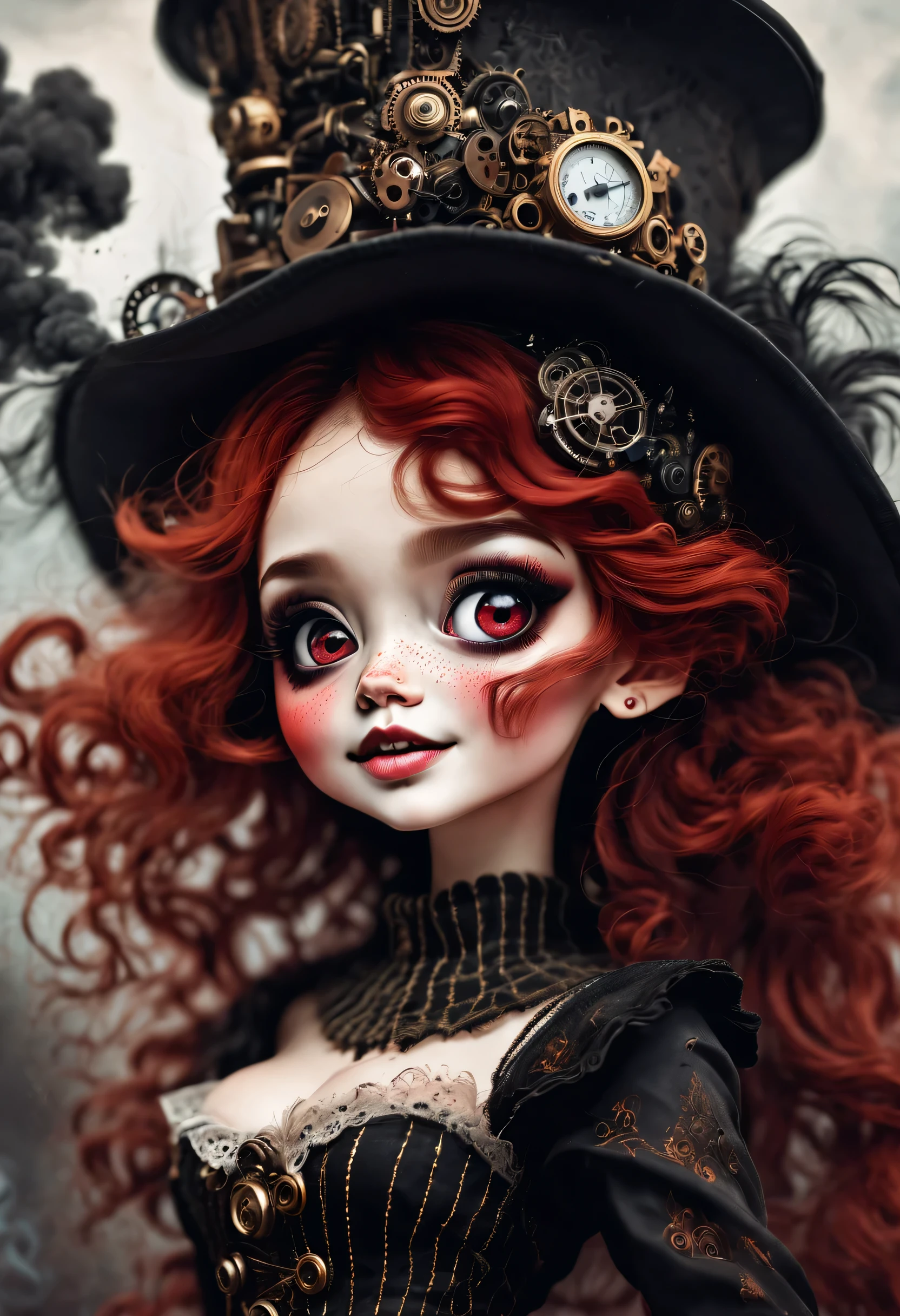 （best quality，masterpiece：1.2，detailed details），（strange doll girl,big eyes，small freckles， Smile，Fluffy red hair，have，body equipment），（dark Gothic，steampunk gothic victorian style）, dark, engulfed in smoke
