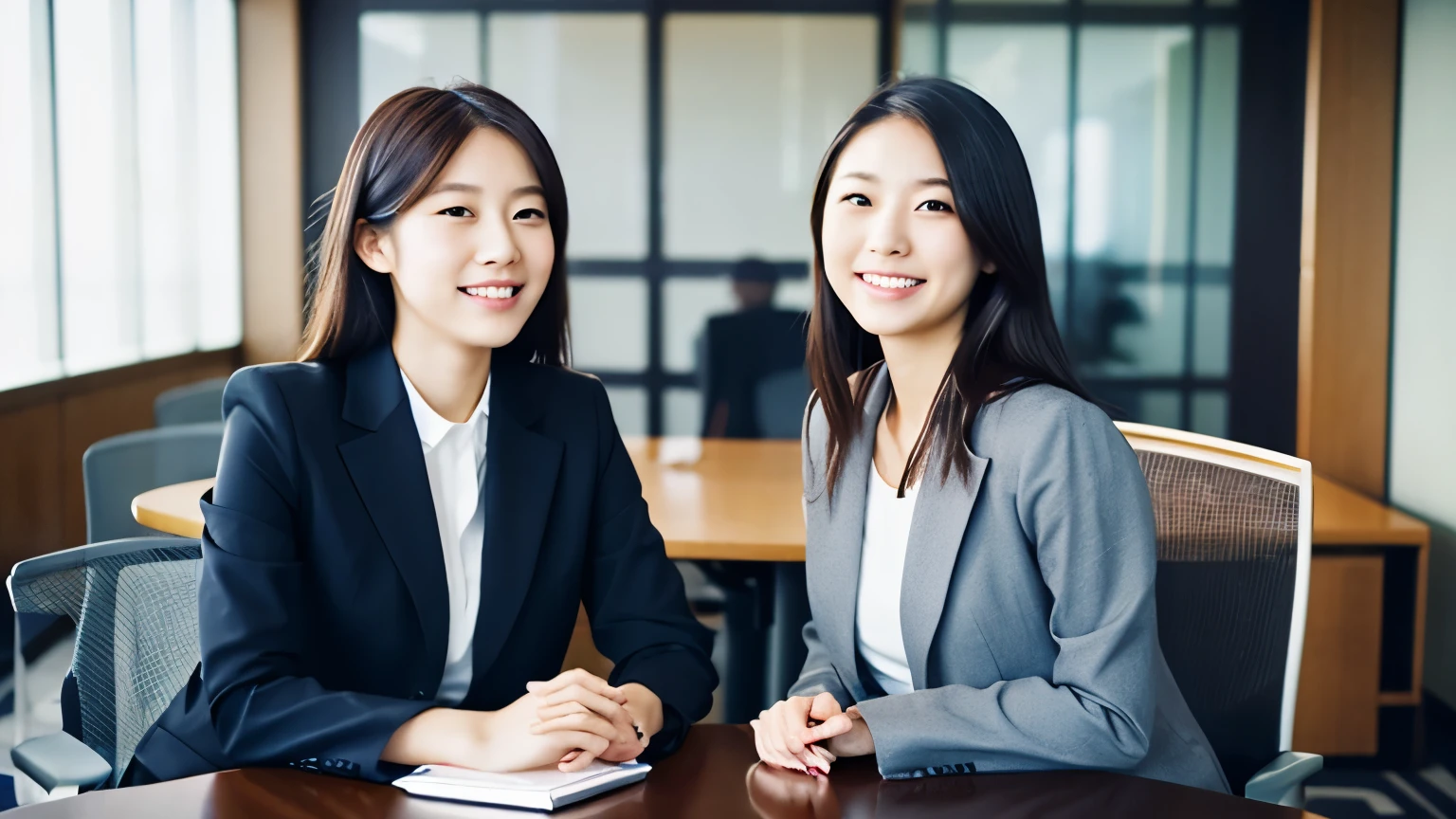 two women, 23 years old, Japanese, business casual, conference room, smile and talk happily