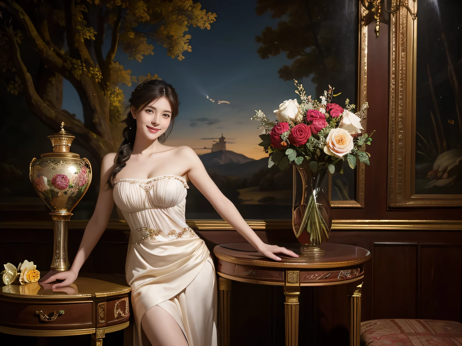 jack=Louis David's painting style,Discussion between two female philosophers,math、astronomical machine、astronaut、roses in vase、fruit、Cute trinkets、smile、ancient greek costume、The background is a forest lake at night 、Clothes that stretch your shoulders、A big smile、beautiful bare skin、A detailed representation of the seducing woman throughout her body..