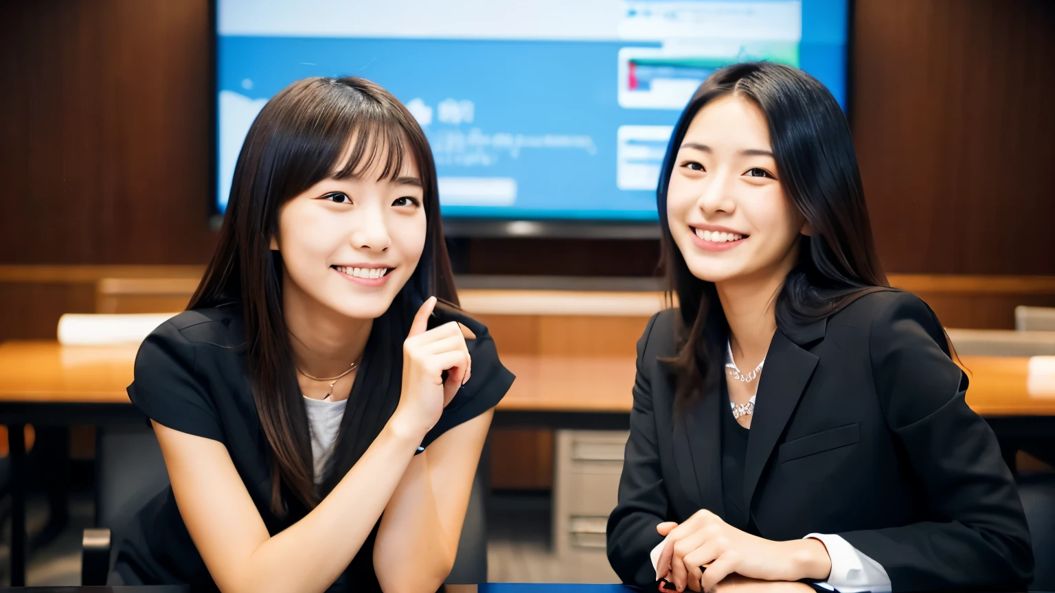 two women, 23 years old, Japanese, business casual, conference room, smile and talk happily