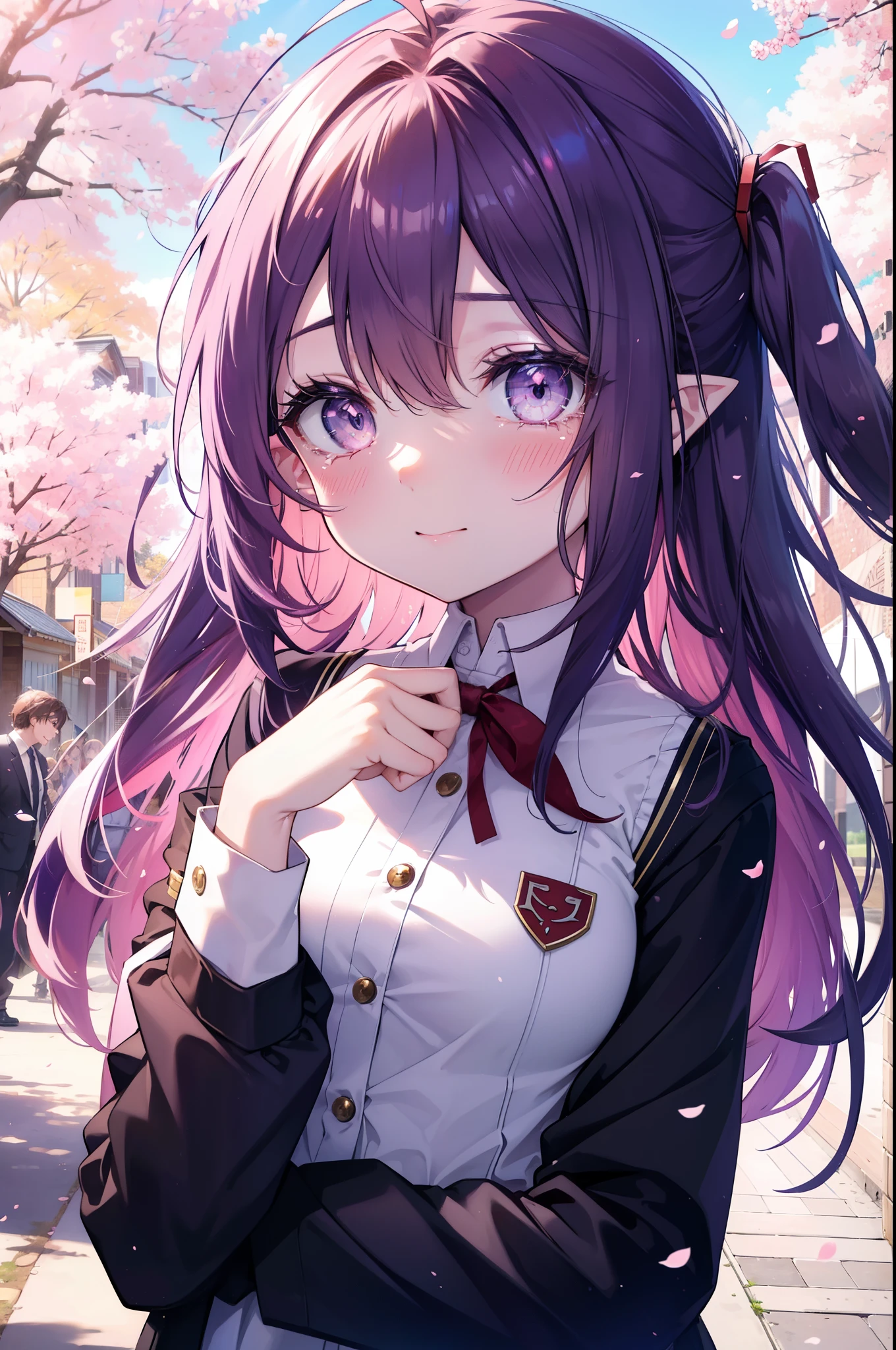 yuukikonno, Yuki Konno, hair band, long hair, pointy ears, purple hair, Ahoge,(small breasts:1.2), smile,blush,happy atmosphere,Large tears fall down her face as she closes her eyes.,tears of joy,
high school uniform,white dress shirt,red ribbon,purple blazer,black pleated skirt,white pantyhose,brown loafers,Cherry blossom tree-lined path,Cherry blossoms are scattered,Classmates with various displays,pink scenery,
壊す looking at viewer, Upper body, whole body,
break outdoors, school gate,destroy cherry blossom treeasterpiece:1.2), highest quality, High resolution, unity 8k wallpaper, (shape:0.8), (fine and beautiful eyes:1.6), highly detailed face, perfect lighting, Very detailed CG, (perfect hands, perfect anatomy),