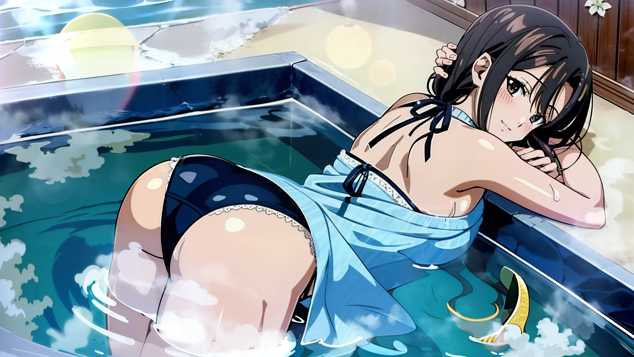  anime, 1girl, hot springs, large ass, large breasts, bikini