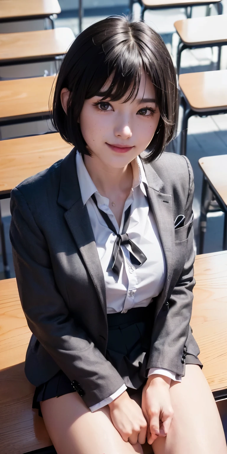 ((8k, original photo, top quality, masterpiece), HD RAW color photos professional close-up photos, (actual, photorealism: 1.37), (best quality), (Best shadows), (Best illustration), clavicle ((big deal)), ((Sexy, ultra high resolution, HD CG unified 8K wallpaper, Physically based rendering, light), (Egiosar:1), 18 year old girl, (gray blazer, ribbon, sock, high school: 1.2), high school课堂, beautiful details eyes, light on face, ((full-body shot: 1.2)), extremely strong light, (Upper eyes, grinning:1.2),skin shiny, (((black hair, bob hair:1.2))), ( Thick thighs),Shy, (flash:1.2), NSFW , (fluffy), ((Seductive pose: 1.2, attractive: 1.2)), (idle), (Sitting at the table in the classroom: 1.2)), ((good anatomy: 1.2)), ((Bright and fresh classroom, Blurred background: 1.2)), perfect face, cute face, (high angle shot:1.2)
