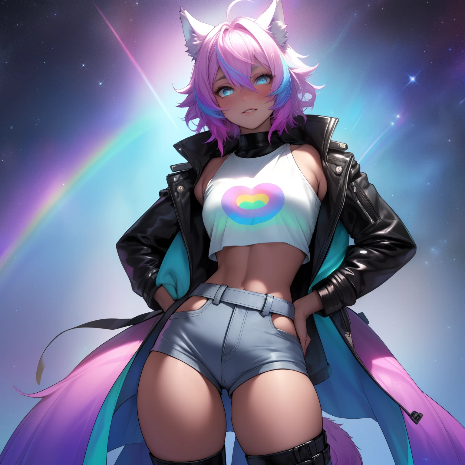 a short, skinny, galactic space young boy wearing a leather rainbow trench coat with a peacock inspired design, glowing blue eyes, wearing cropped t-shirt, flat chested, flat chest (SUPER FLAT CHEST) has wolf ears and a wolf tail, wide hips, pink lips, thick thighs, has long wavy rainbow gradient colored sparkly hair, twink, happy, blushing, flustered, showing thighs, wearing thigh high boots, wearing short shorts, curvy, solo, alone, (SOLO)(ALONE), has long wavy rainbow gradient colored sparkly hair