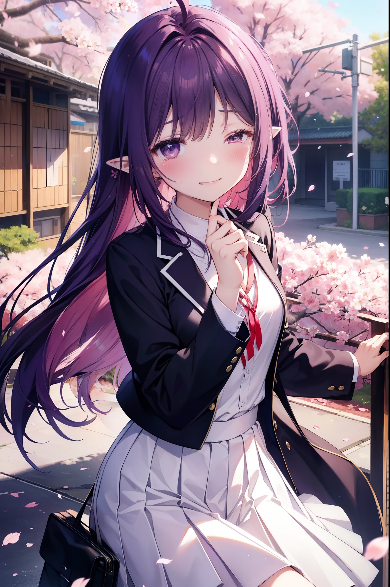yuukikonno, Yuki Konno, hair band, long hair, pointy ears, purple hair, Ahoge,(small breasts:1.2), smile,blush,happy atmosphere,closing both eyes,
Big tears are falling down her face,tears of joy,
high school uniform,white dress shirt,red ribbon,purple blazer,black pleated skirt,white pantyhose,brown loafers,Cherry blossom tree-lined path,Cherry blossoms are scattered,Classmates with various displays,pink scenery,
壊す looking at viewer, Upper body, whole body,
break outdoors, school gate,destroy cherry blossom treeasterpiece:1.2), highest quality, High resolution, unity 8k wallpaper, (shape:0.8), highly detailed face, perfect lighting, Very detailed CG, (perfect hands, perfect anatomy),