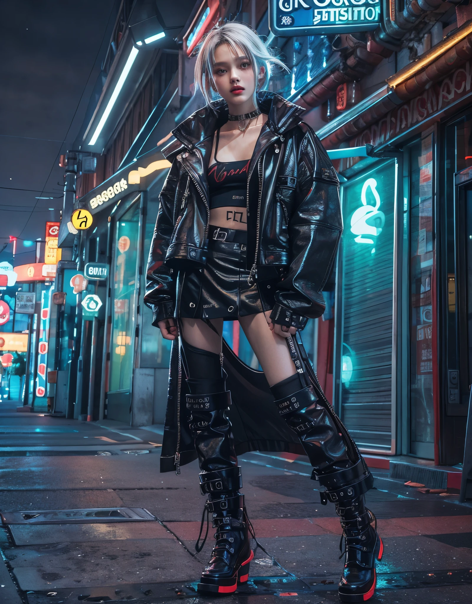 silver-haired beautiful girl, cyberpunk accessories, black crop top, glossy high-collar jacket, multi-layered asymmetrical long skirt, fashionable boots, neon-speckled night city, warm streetlights, her shining under the lights, mist effect