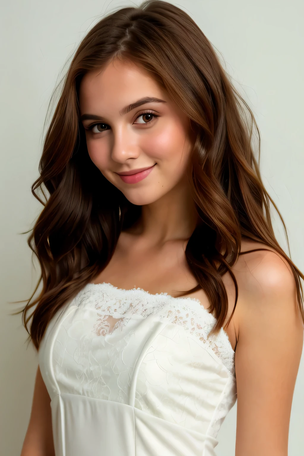 stunning young girl, slightly blushed perfect face with narrow chin, light smile, long auburn hair, dark green eyes, white lace dress, full body portrait ((best quality)), ((masterpiece)), (higly detailed)