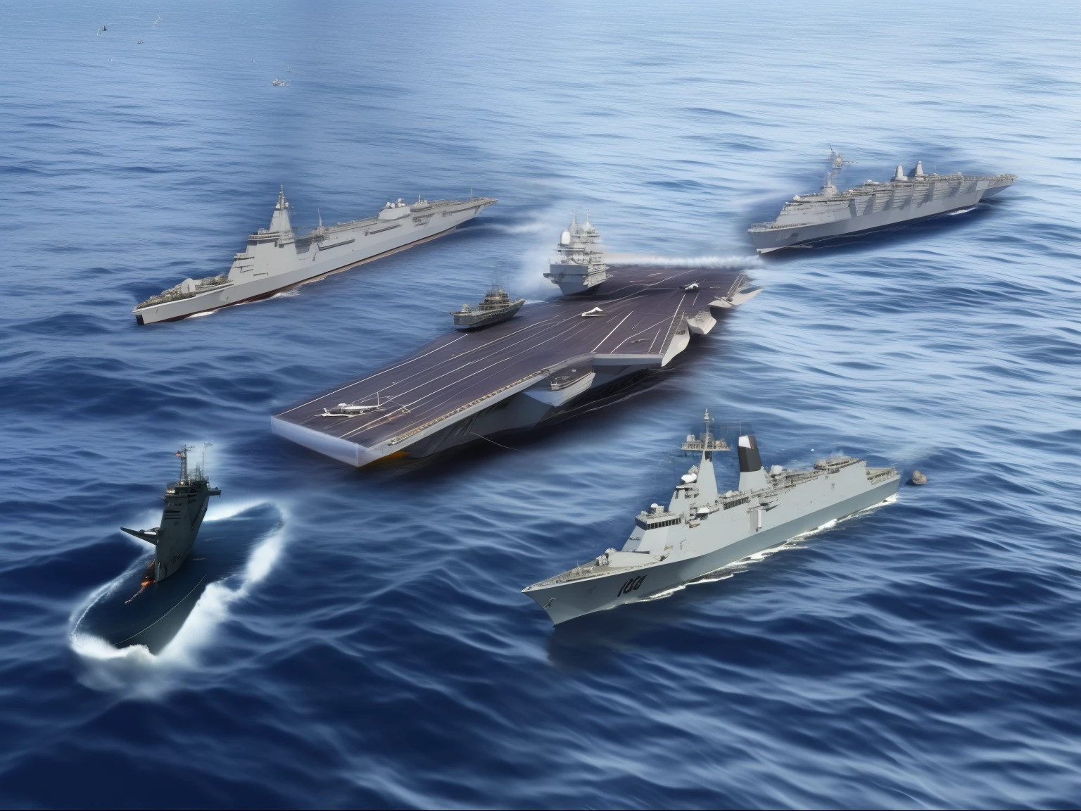 several ship and a boat in the water with a man on a boat, warship, Realistic warship design, Realistic military aircraft carrier, aircraft carrier scene, , ship, author：Richard Mayhew, cgi rendering, Fleet on the horizon, rendering, navy background, photoillustration, present, on , Robert Medley