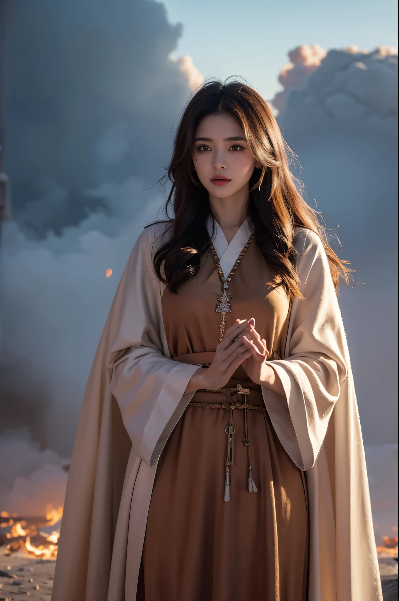8k,Beautiful priestess wearing wizard robe,face and body made of ash clouds and burning rain clouds, Mark Mann (Mark Mann) Great for thermal photography, ample, albrecht durer, ample, soft wet color, intricately details, fiery, smokes, The beautiful, Cloudy, Fluffy, static charge, sacrum portrait, Artistic masterpieces from leaders in real-time engineering