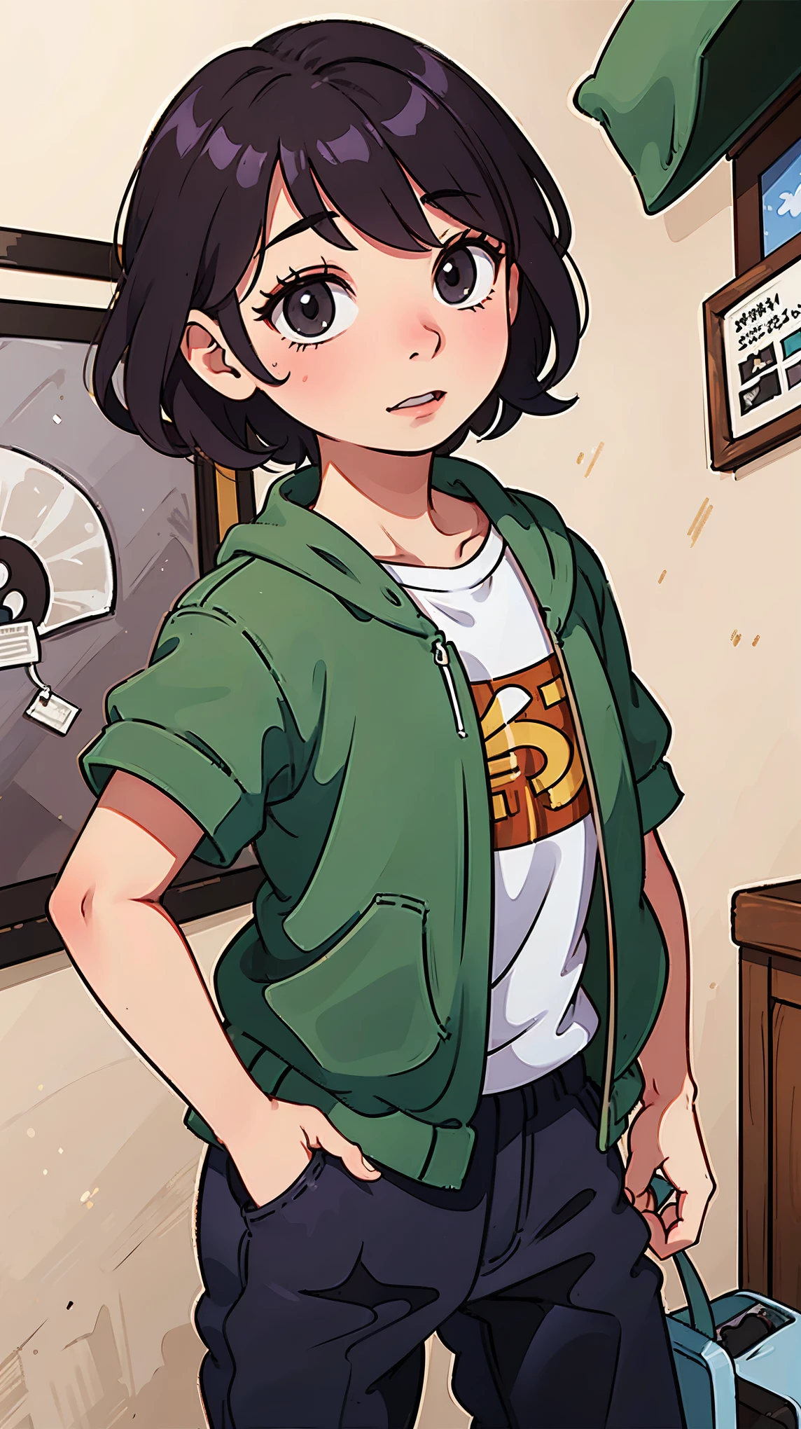 masterpiece, best quality, waist up,1girl,the highest image quality, 18-year-old teenager, looks like rachel bilson, short brown hair, brown eyes, freckles, wearing a green blouse, short skirt, White background, empty background, waist up , standing normally, RachelBilson