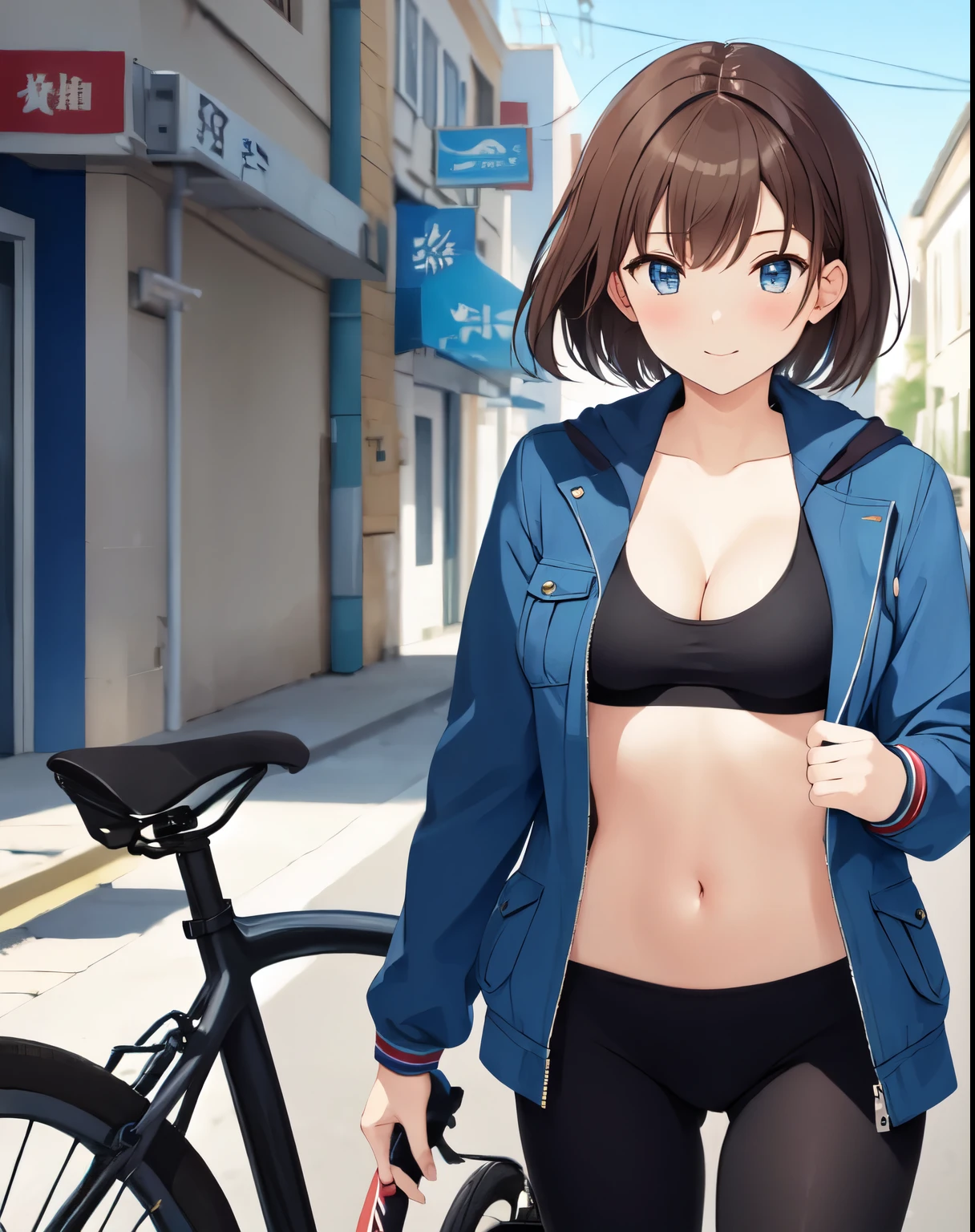 (((masterpiece))), ShizukaMikazuki, 1girl, solo, looking at viewer, short hair, brown hair, long sleeves, cleavage, medium breasts, closed mouth, collarbone, jacket, open clothes, open jacket, blue jacket, ground vehicle, sports bra, bicycle,