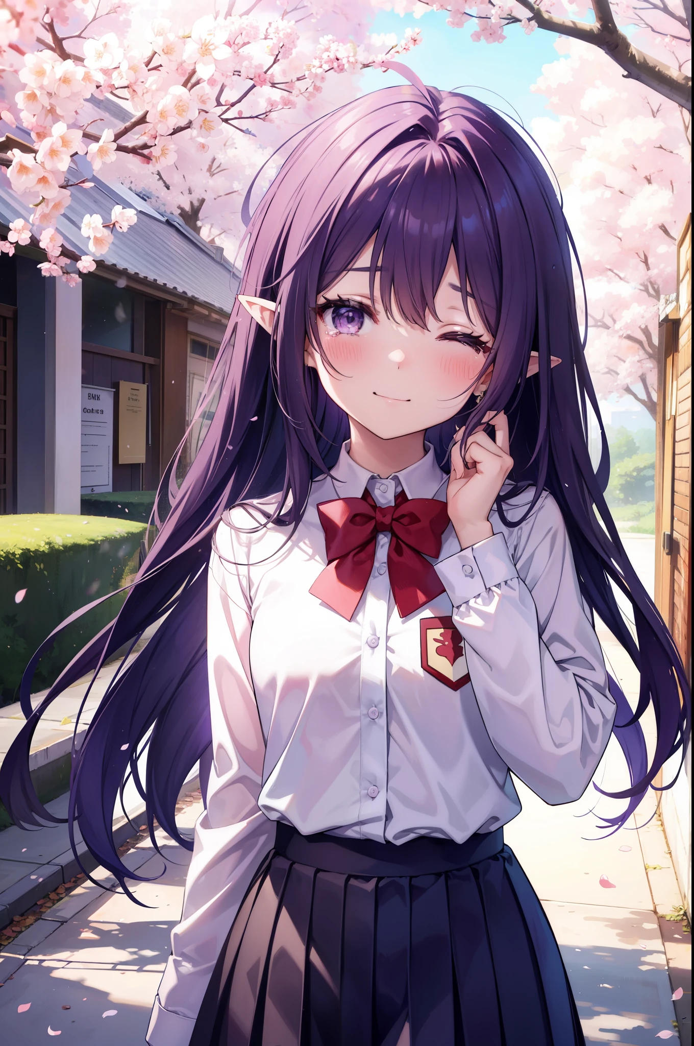 yuukikonno, Yuki Konno, hair band, long hair, pointy ears, purple hair, Ahoge,(small breasts:1.2), smile,blush,happy atmosphere,closing both eyes,crowd,
Big tears are falling down her face,tears of joy,
high school uniform,white dress shirt,red ribbon,purple blazer,black pleated skirt,white pantyhose,brown loafers,Cherry blossom tree-lined path,Cherry blossoms are scattered,A group of classmates with various displays,pink scenery,
壊す looking at viewer, Upper body, whole body,
break outdoors, school gate,destroy cherry blossom treeasterpiece:1.2), highest quality, High resolution, unity 8k wallpaper, (shape:0.8), highly detailed face, perfect lighting, Very detailed CG, (perfect hands, perfect anatomy),