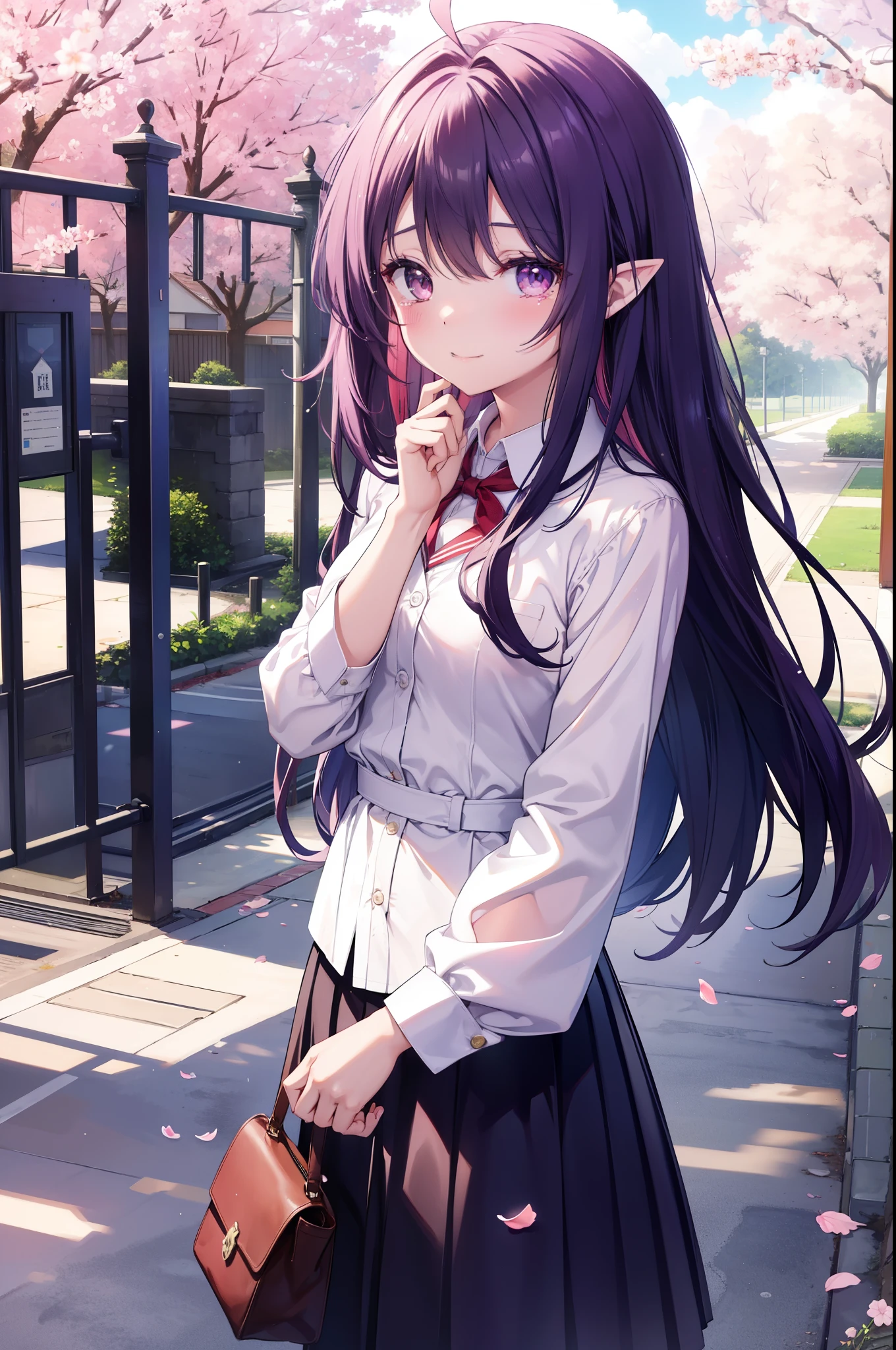 yuukikonno, Yuki Konno, hair band, long hair, pointy ears, purple hair, Ahoge,(small breasts:1.2), smile,blush,happy atmosphere,closing both eyes,crowd,
Big tears are falling down her face,tears of joy,
high school uniform,white dress shirt,red ribbon,purple blazer,black pleated skirt,white pantyhose,brown loafers,Cherry blossom tree-lined path,Cherry blossoms are scattered,A group of classmates with various displays,pink scenery,
壊す looking at viewer, Upper body, whole body,
break outdoors, school gate,destroy cherry blossom treeasterpiece:1.2), highest quality, High resolution, unity 8k wallpaper, (shape:0.8), highly detailed face, perfect lighting, Very detailed CG, (perfect hands, perfect anatomy),