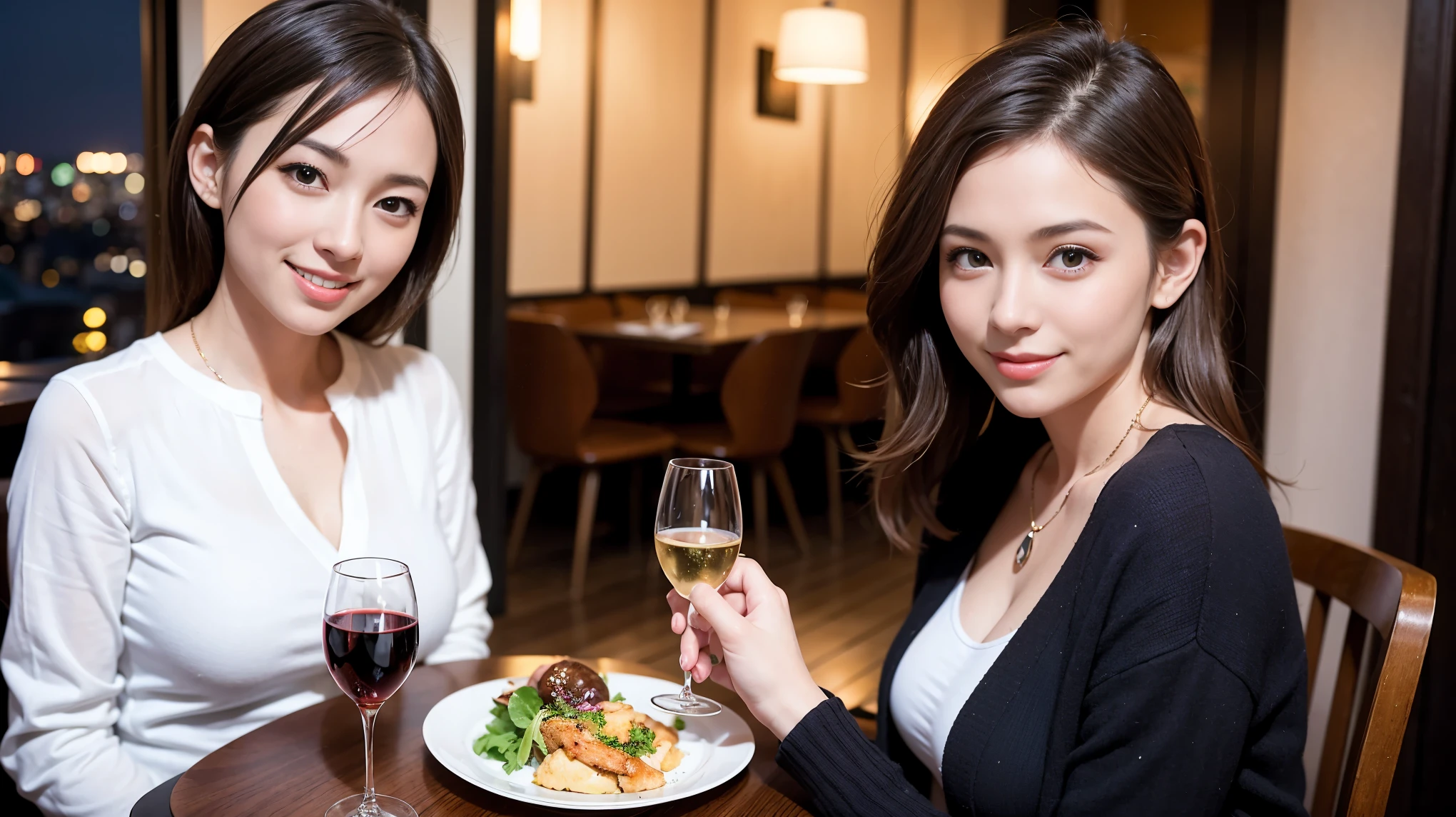 (including 64k, nffsw, highest quality, table top: 1.2), (realistic, photorealistic: 1.37),Spectacular sunset view、 long sleeve shirt、winter fashion、Columbia、Brazilian、Japanese、Dutch、German、Portuguese、Belgian、Italian、French,Champagne、sparkling wine、 (slimフェイス), (slimボティ), (brown hair), (shortcut), neat beauty、cheeks turn a little red, (35 years old), 38 years old, alone, 窓の外には美しく緻密なnight景が広がります., restaurant, wine glassが座っている, nightに, in a prominent place (from the Upper body) nova frog style, actress, model, Upper body, White wine, slim, wine glass, Super Clean night View, wine glass Put in the Middle, Happy smile, (smile: 1.15), beautiful and detailed eyes, Upper body, bust japan up, night, short, short, actress, model, Upper body, White wine, slim, wine glass, Super Clean night View, wine glass Put in the Middle, Happy smile,