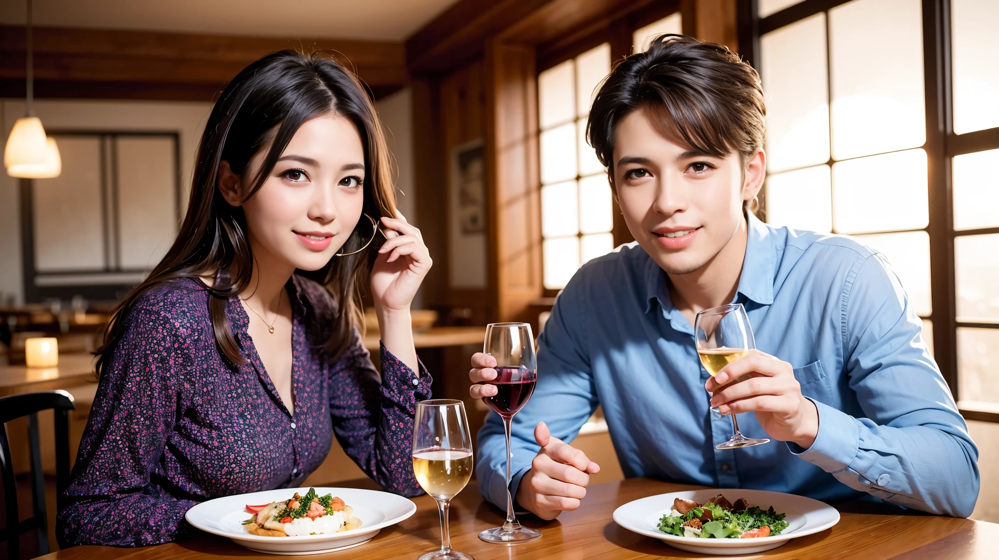 (including 64k, nffsw, highest quality, table top: 1.2), (realistic, photorealistic: 1.37),Spectacular sunset view、 long sleeve shirt、winter fashion、Columbia、Brazilian、Japanese、Dutch、German、Portuguese、Belgian、Italian、French,Champagne、sparkling wine、 (slimフェイス), (slimボティ), (brown hair), (shortcut), neat beauty、cheeks turn a little red, (35 years old), 38 years old, alone, 窓の外には美しく緻密なnight景が広がります., restaurant, wine glassが座っている, nightに, in a prominent place (from the Upper body) nova frog style, actress, model, Upper body, White wine, slim, wine glass, Super Clean night View, wine glass Put in the Middle, Happy smile, (smile: 1.15), beautiful and detailed eyes, Upper body, bust japan up, night, short, short, actress, model, Upper body, White wine, slim, wine glass, Super Clean night View, wine glass Put in the Middle, Happy smile,