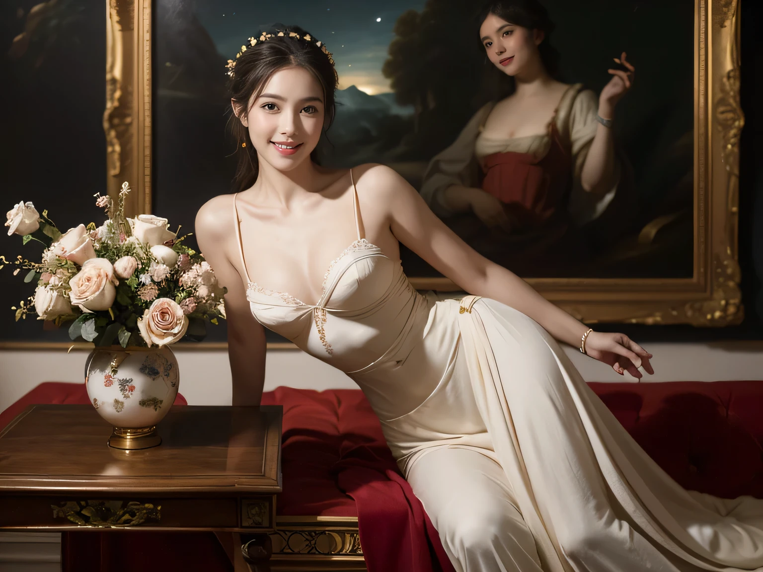 female mathematician,Ancient Greek costumes,Astronomical machinery,antique,A smile,,Sweet and seductive appearance.、Caravaggio's paintings、Chiaroscuro of Caravaggio,,Cute smile, Expression of ecstasy,erotick,A sexy