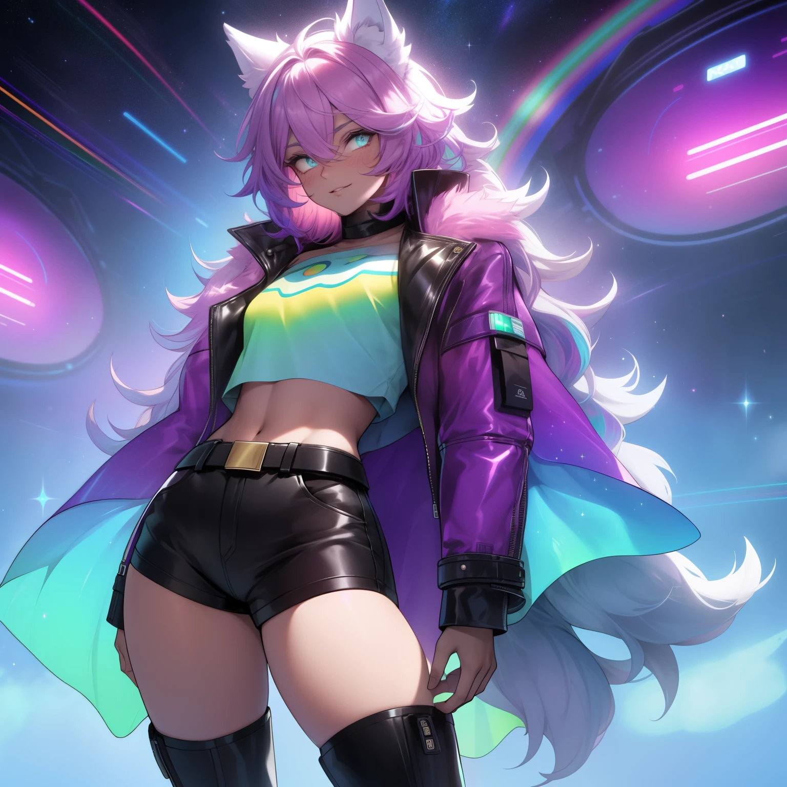 a short, skinny, galactic space young boy wearing a leather rainbow trench coat with a peacock inspired design, glowing blue eyes, wearing cropped t-shirt, flat chested, flat chest (SUPER FLAT CHEST) has wolf ears and a wolf tail, wide hips, pink lips, thick thighs, has long wavy rainbow gradient colored sparkly hair, twink, happy, blushing, flustered, showing thighs, wearing thigh high boots, wearing short shorts, curvy, solo, alone, (SOLO)(ALONE), has long wavy rainbow gradient colored sparkly hair