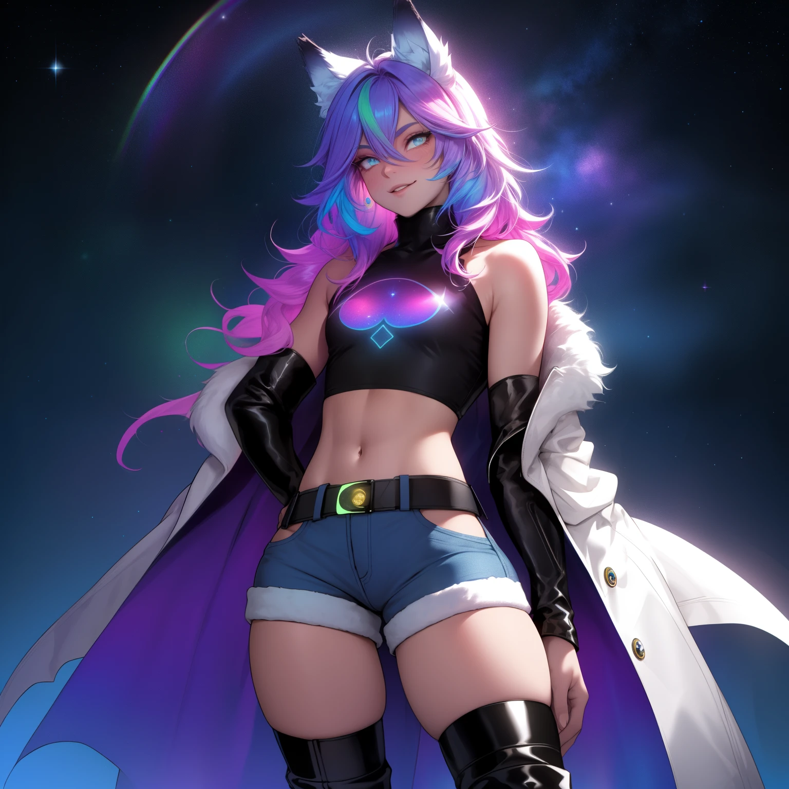 a short, skinny, young teen wearing a galactic peacock inspired outfit, glowing blue eyes, wearing a sheer rainbow peacock fur lined robe, flat chested, flat chest (SUPER FLAT CHEST) has wolf ears and a wolf tail, wide hips, pink lips, thick thighs, has long wavy rainbow gradient colored sparkly hair, twink, happy, blushing, flustered, curvy, solo, alone, (SOLO)(ALONE), has long wavy rainbow gradient colored sparkly hair, dynamic pose, sexual pose, wearing collar, showing thighs, risqué, crotch bulge , prominent thighs, masterpiece, wearing cute frilly panties