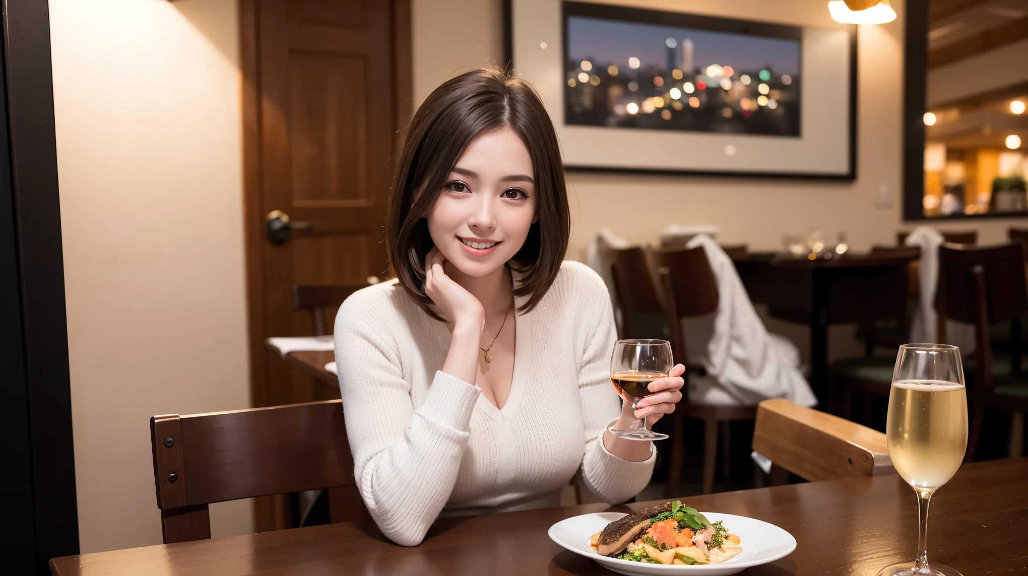 ((highest quality、8k、masterpiece:1.3))、1 male 1 female、石原さとみ似美女Couple、Lovers、Couple、The body is slim、full-course dinner、テーブルの上のwine glass、Shine light on your face、 Amazing view of the sunset sky and clouds、A bright smile、The wonderfulness of smile、Bright image、 short hair,Bright Face、 (Age 37), "41 years old, red wine 、Appetizers、Italian food、Wine bottle、Champagne、sparkling wine、Two beauties、Brown Hair、Shortcuts、Long sleeve shirt、dress、Pretty Woman 1, (slimな顔), (The body is slim), (Brown Hair), (Shortcuts), cheeks turn a little red,Attractive beauty、restaurant, In a prominent place (From the waist up) Nova Frog Style, actress, model, Upper Body, White wine, slim, wine glass, 中央に置かれたwine glass, smile, (smile: 1.15), Beautiful fine grain, Depth f/2,saturation, High Contrast, Strong light and shadow,Moist Body:1.5、3D texture、Delicate eyes、Brown Hair、The hair is very shiny、