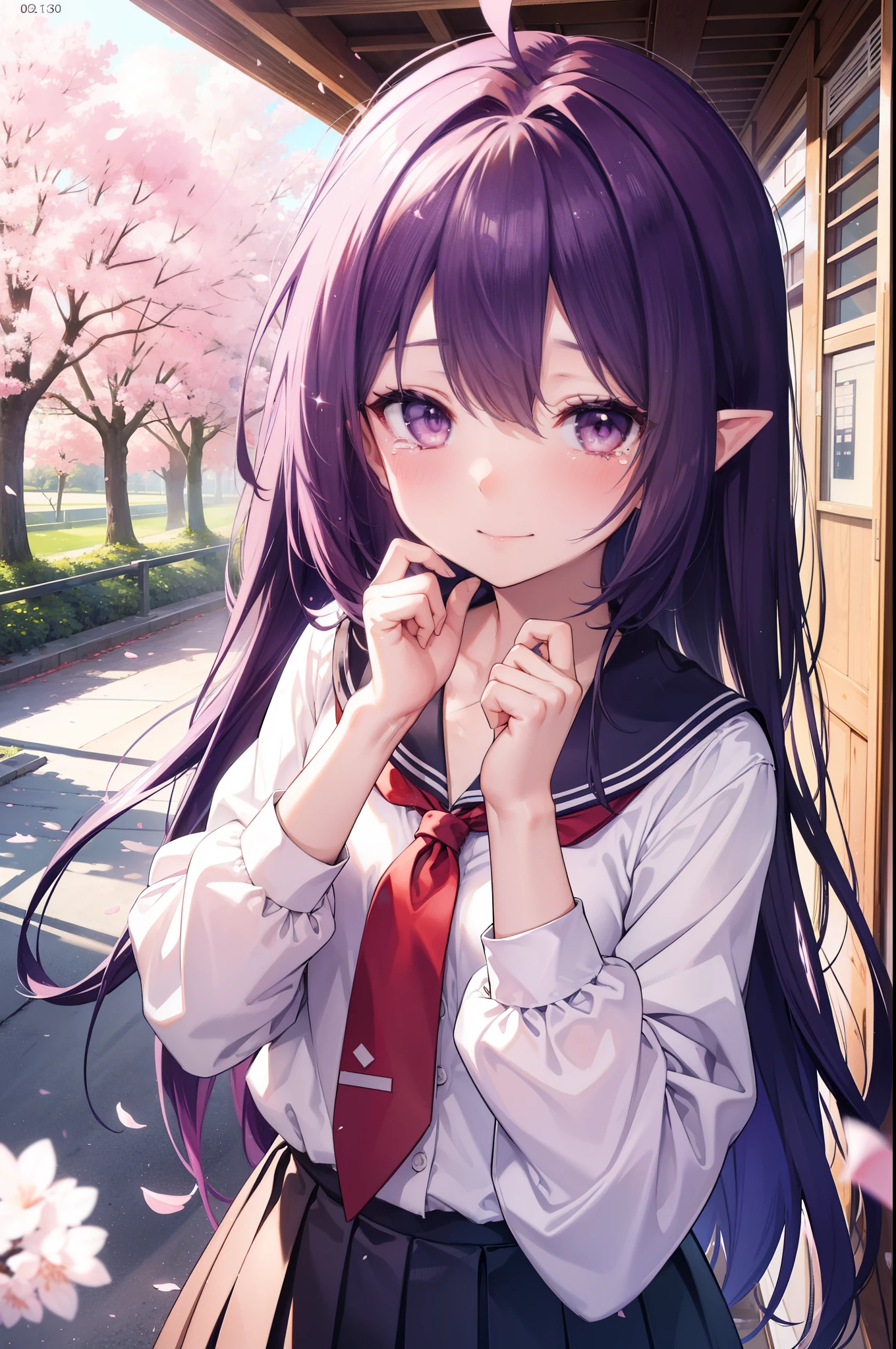 yuukikonno, Yuki Konno, hair band, long hair, pointy ears, purple hair, Ahoge,(small breasts:1.2), smile,blush,happy atmosphere,closing both eyes,crowd,graduation ceremony,
Big tears are falling down her face,tears of joy,
high school uniform,white dress shirt,red ribbon,purple blazer,black pleated skirt,white pantyhose,brown loafers,Cherry blossom tree-lined path,Cherry blossoms are scattered,A group of classmates with various displays,pink scenery,
壊す looking at viewer, Upper body, whole body,
break outdoors, school gate,destroy cherry blossom treeasterpiece:1.2), highest quality, High resolution, unity 8k wallpaper, (shape:0.8), highly detailed face, perfect lighting, Very detailed CG, (perfect hands, perfect anatomy),