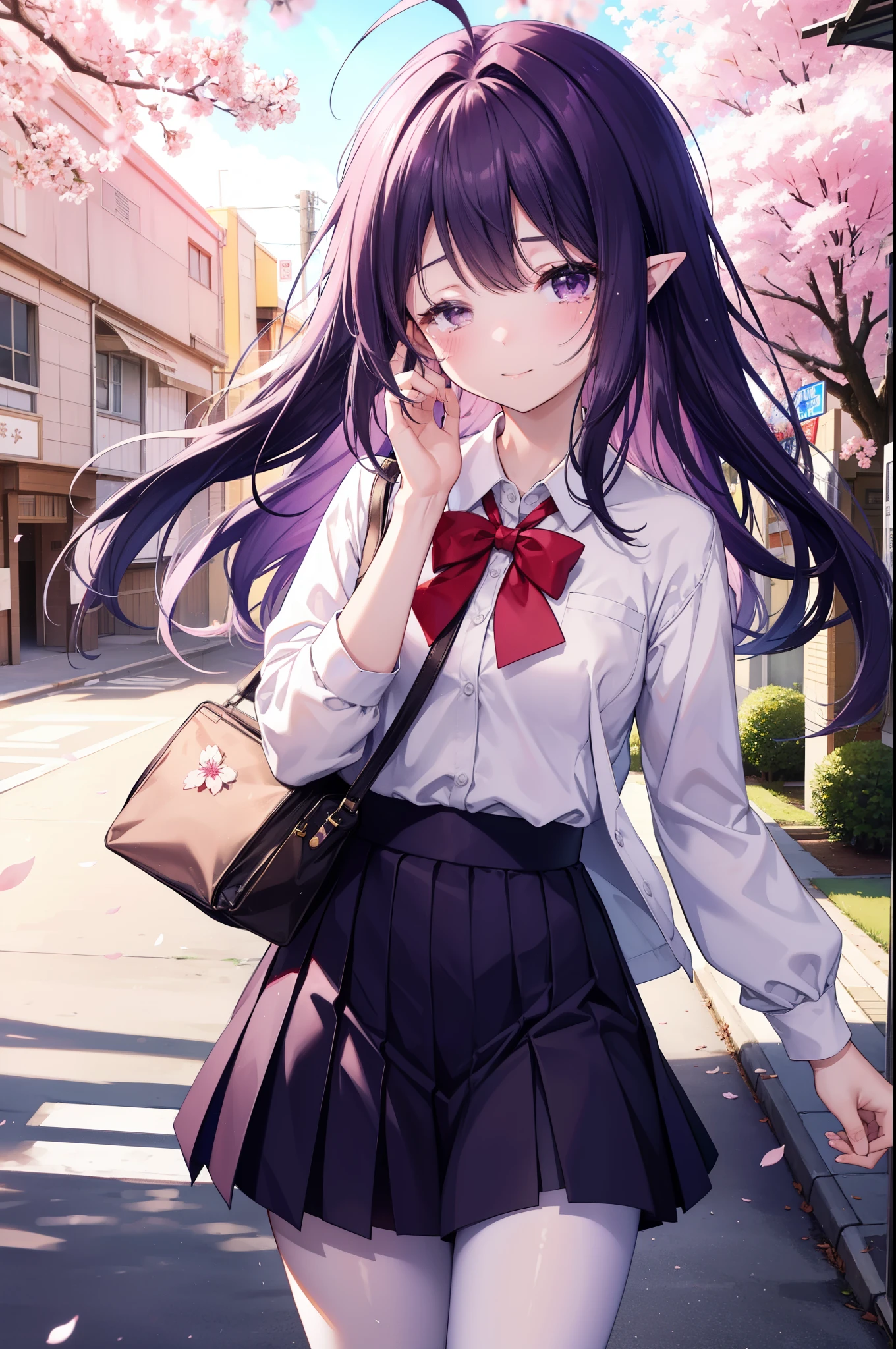 yuukikonno, Yuki Konno, hair band, long hair, pointy ears, purple hair, Ahoge,(small breasts:1.2), smile,blush,happy atmosphere,closing both eyes,crowd,graduation ceremony,
Big tears are falling down her face,tears of joy,
high school uniform,white dress shirt,red ribbon,purple blazer,black pleated skirt,white pantyhose,brown loafers,Cherry blossom tree-lined path,Cherry blossoms are scattered,A group of classmates with various displays,pink scenery,
壊す looking at viewer, Upper body, whole body,
break outdoors, school gate,destroy cherry blossom treeasterpiece:1.2), highest quality, High resolution, unity 8k wallpaper, (shape:0.8), highly detailed face, perfect lighting, Very detailed CG, (perfect hands, perfect anatomy),