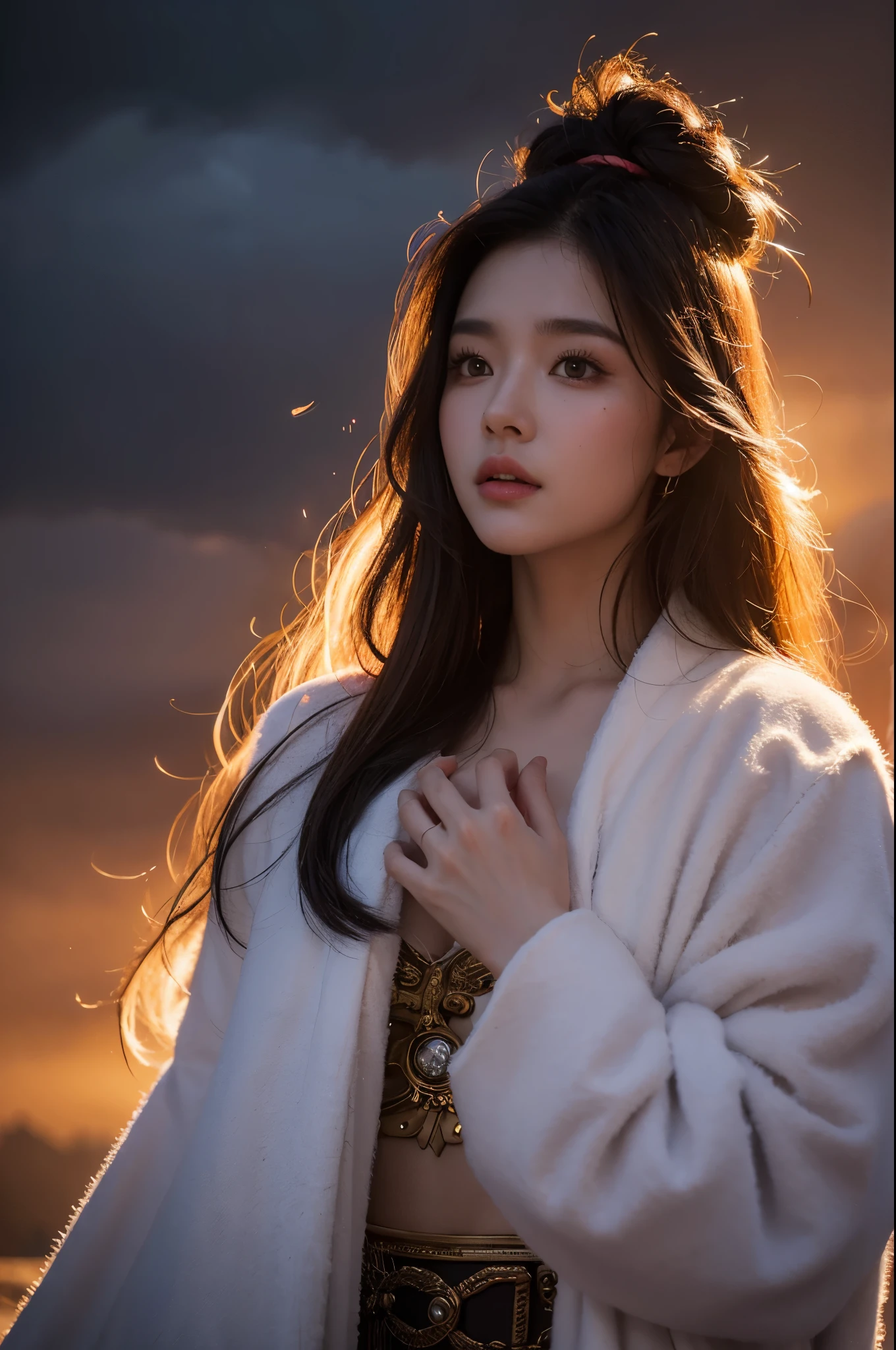 8k,Beautiful priestess wearing wizard robe,face and body made of ash clouds and burning rain clouds, Mark Mann (Mark Mann) Great for thermal photography, ample, albrecht durer, ample, soft wet color, intricately details, fiery, smokes, The beautiful, Cloudy, Fluffy, static charge, sacrum portrait, Artistic masterpieces from leaders in real-time engineering