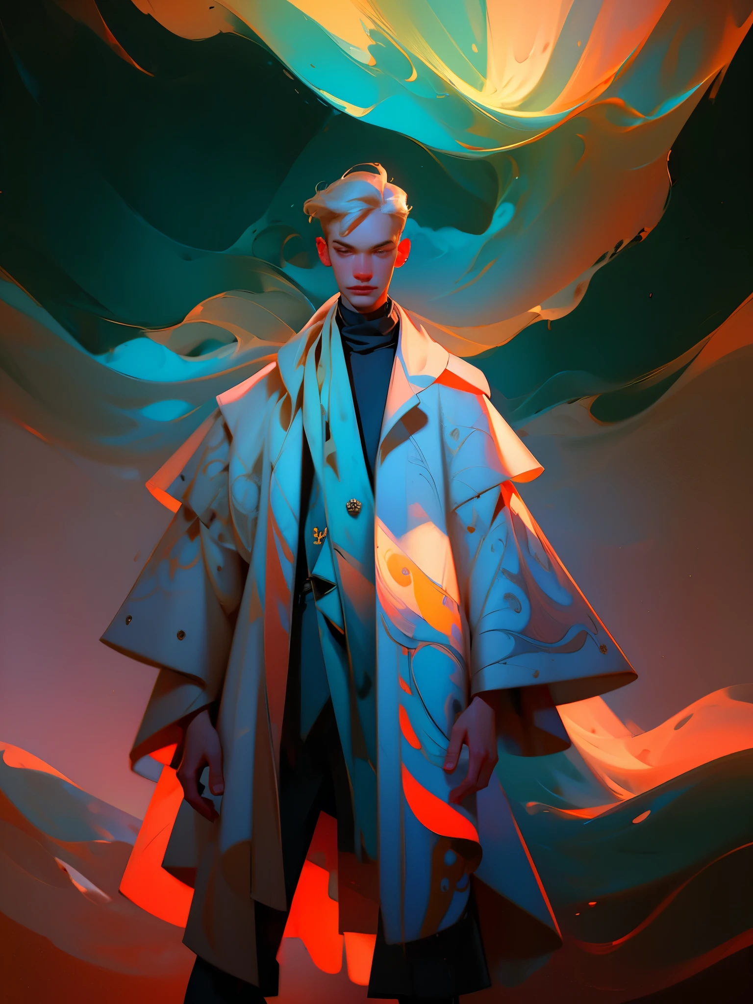 Man wearing trendy clothes, in an abstract oil painting style, fashion show, The painting is ultra-high detailed and has a resolution of 8k, showcasing the best quality and craftsmanship. The background is colorful, with a touch of fog and mist, creating a mysterious atmosphere. There is a subtle lens flare effect, adding a dynamic element to the artwork. This painting aims to be reminiscent of luxury brand advertising, showcasing the beauty and elegance of the fashion world.