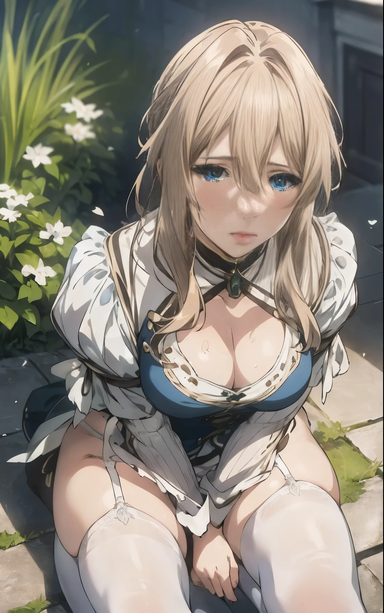 NSFW,((Illustration)),Violet Evergarden,clothed,Clothing ,((disheveled hair)), (Beautiful detailed eyes), Full body,Blue eyes, Beautiful, amazing, Detailed eyes, Soft lips, deadpan, cleavage, Looking at Viewer ,isometric, (((Realistic))), Photorealistic, Blonde hair ,Violet_Evergarden,Blonde_hair, Blue_Eyes, Blonde public hair ,White lace panties,White garter belt  ,anime key visual of elegant, Key Anime Art, key visual, Anime visuals of cute girls, Detailed key anime art,  anime visual of a young woman, key anime visuals,Blonde public hair,Sucking sausages,dynamic angle ,thighs,slim thighs,