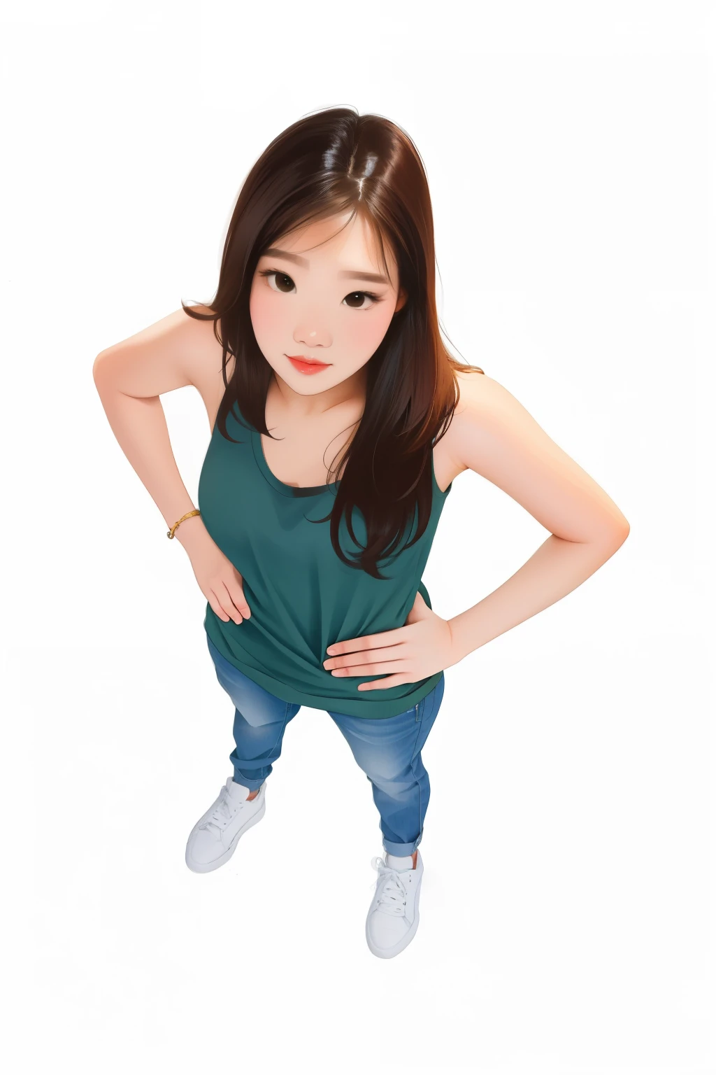 a, close up, of, a, standing woman, and, she, hand, 위에of, she, hip, 소녀of 파노라마 중심 보기, looking down at the camera, central body shot, looking at the camera, young woman looking up, wearing a tank top, Standing Girl, Young woman in her 20s, central body shot, woman posing, looking straight at the camera