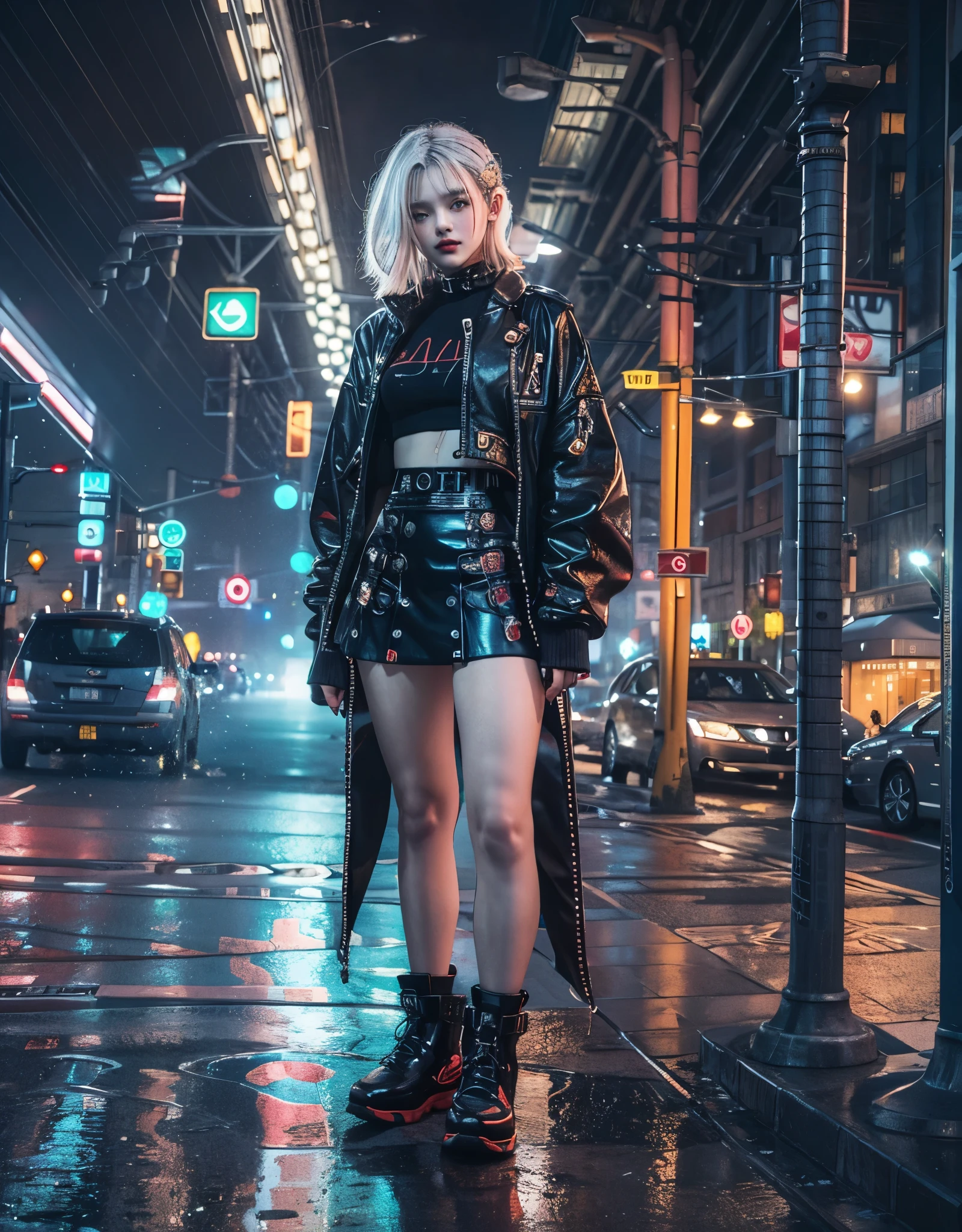 silver-haired beautiful girl, cyberpunk accessories, black crop top, glossy high-collar jacket, multi-layered asymmetrical long skirt, fashionable boots, neon-speckled night city, warm streetlights, her shining under the lights, mist effect