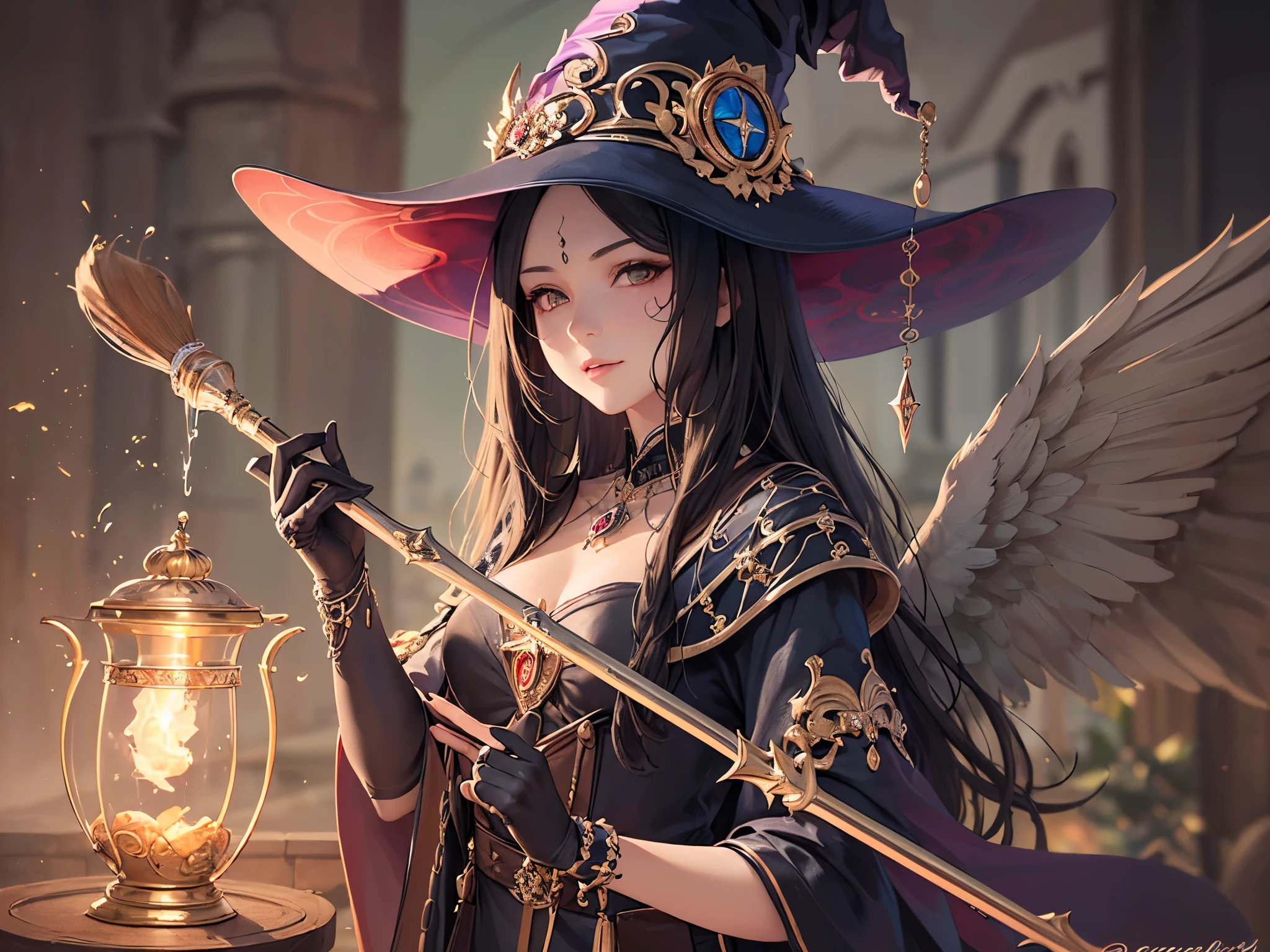 ((highest quality)),(ultra high resolution),(Super detailed),(detailed description),((best CG)),(best work of art),super precision art,amazing drawing art,(Fantasy art with precise details:1.5), (one witch:1.8),(beautiful and well-shaped face:1.6),(confident face:1.5),holy witch clothes:1.6,(Holy rod detailed and detailed:1.4),Accessories with an angel motif:1.5,
