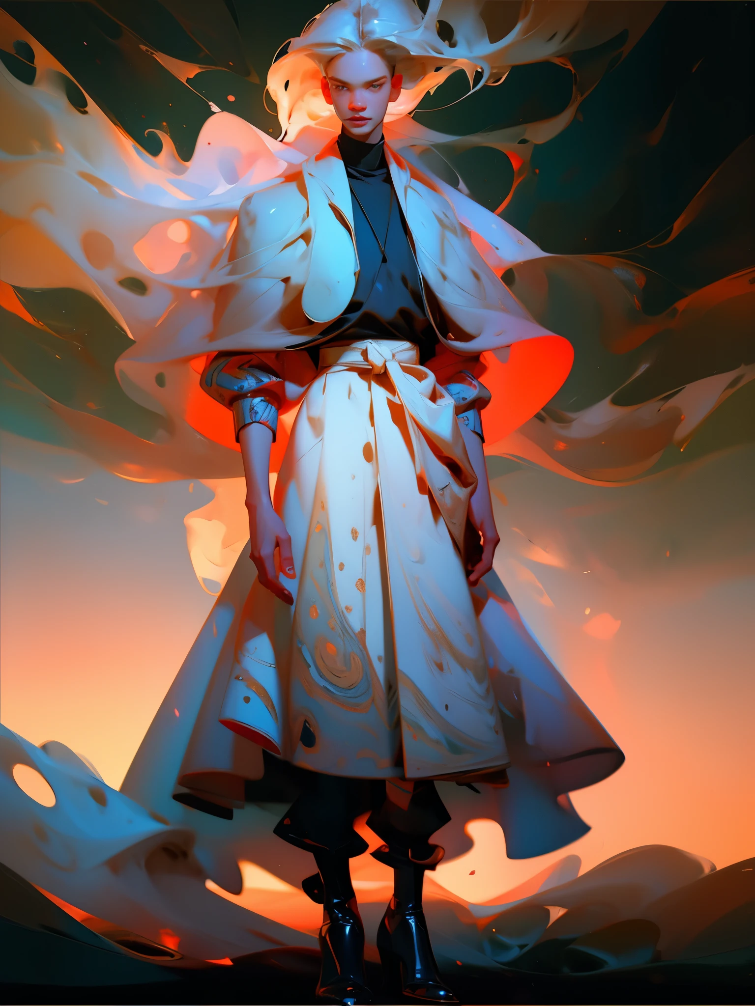 Man wearing trendy clothes, in an abstract oil painting style, fashion show, The painting is ultra-high detailed and has a resolution of 8k, showcasing the best quality and craftsmanship. The background is colorful, with a touch of fog and mist, creating a mysterious atmosphere. There is a subtle lens flare effect, adding a dynamic element to the artwork. This painting aims to be reminiscent of luxury brand advertising, showcasing the beauty and elegance of the fashion world.