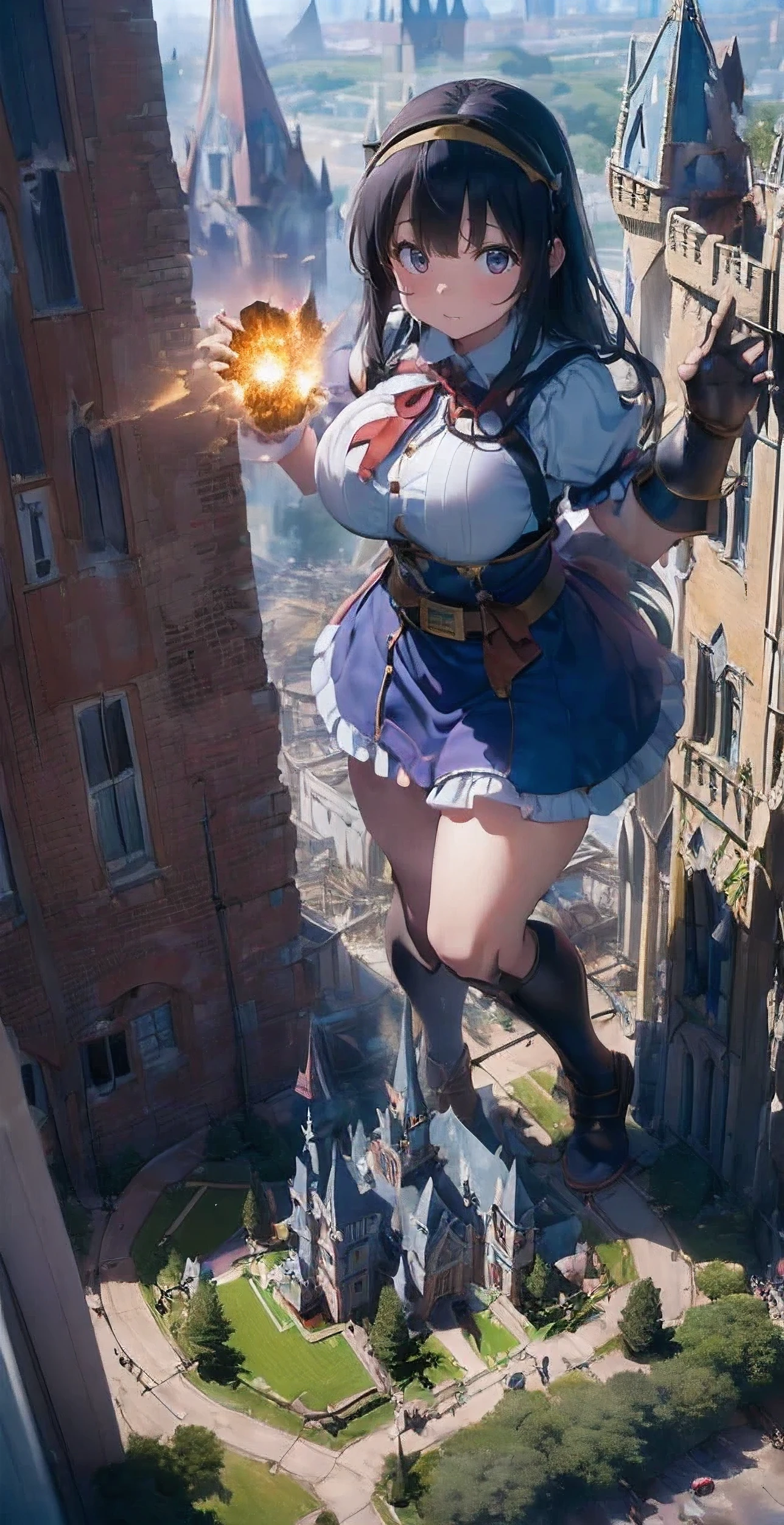 ファイナルfantasy world,fantasy world、steampunk、tram road、long legs、open your legs(((dark hero))),White Gothic Idol Princess Ruffle Ribbon Maid Clothes、A girl bigger than a castle、background blur、Gulliver'trip、alice in wonderland、city of rubble、super huge breasts、big breasts、big breasts、big breasts、big breasts、big breasts、plump thighs、plump thighs、City fires in medieval Europe、((((giant girl straddling the castle))))、cigarette、((((Urban explosion in medieval Europe))))、reach out your hand、Ruins at the end of the century、((((open your legsパンティーを見せます)))),進撃の巨人のThe giant girl who moves the earth、((Ultraman))、(((Giant of Light))),The giant girl who moves the earth、足元のcity of rubble、A castle of rubble at my feet、flying debris、loafers、low angle camera、high school girl、((((fighting pose))))、((((A big explosion at my feet))))、8k、High image quality High image quality、nipple、sheer shirt、There are dwarf soldiers at your feet.、((((Destroy a broken dwarf castle with your feet))))、Confront an army of dwarves